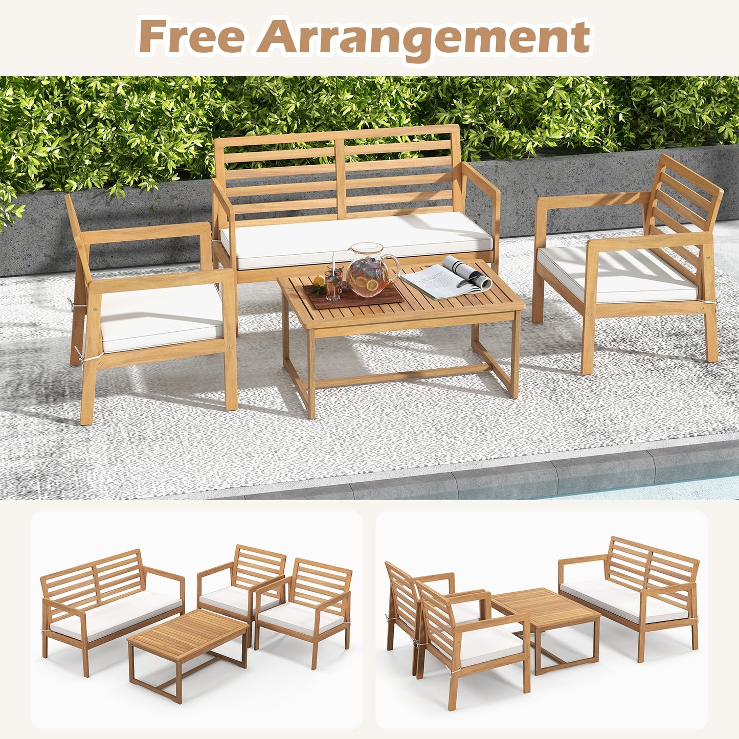 4 Piece Wood Patio Conversation Set with 2 Armchairs and Coffee Table, White Patio Conversation Sets   at Gallery Canada