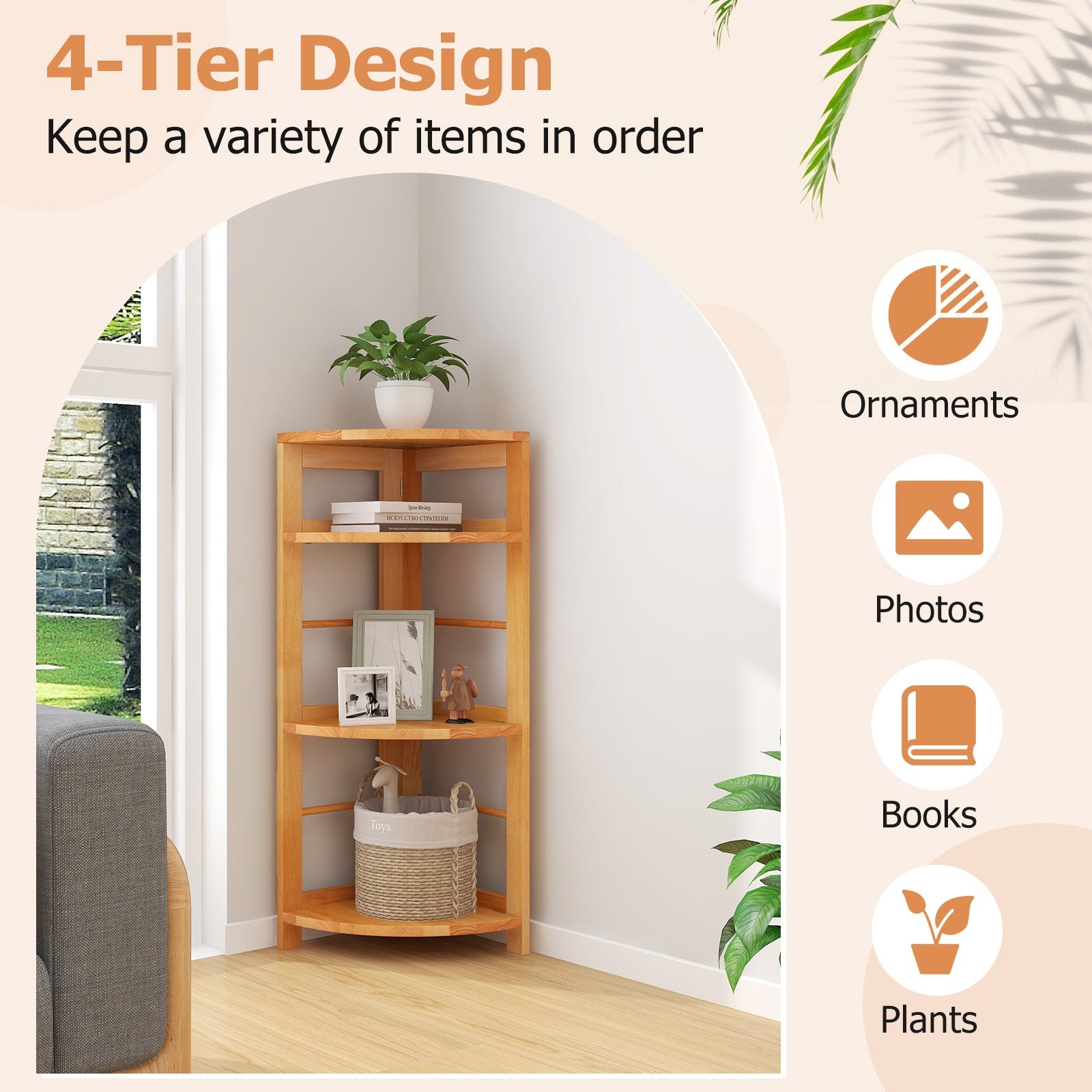 4-Tier Corner Shelf with Rubber Wood Frame and Anti-Toppling Kit, Natural Cabinets & Chests   at Gallery Canada