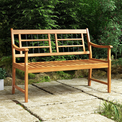 Patio Acacia Wood Bench with Curved Armrests Slatted Seat and Backrest, Natural Outdoor Benches   at Gallery Canada