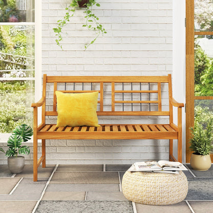 Patio Acacia Wood Bench with Curved Armrests Slatted Seat and Backrest, Natural Outdoor Benches   at Gallery Canada