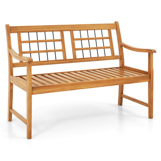 Patio Acacia Wood Bench with Curved Armrests Slatted Seat and Backrest, Natural Outdoor Benches Natural  at Gallery Canada