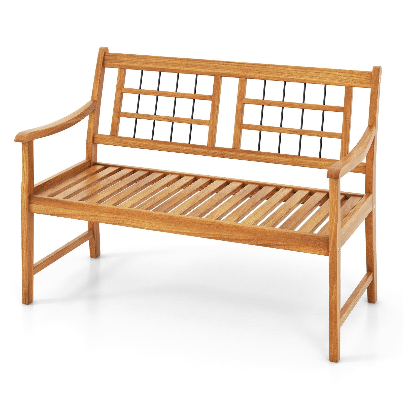 Patio Acacia Wood Bench with Curved Armrests Slatted Seat and Backrest, Natural Outdoor Benches   at Gallery Canada