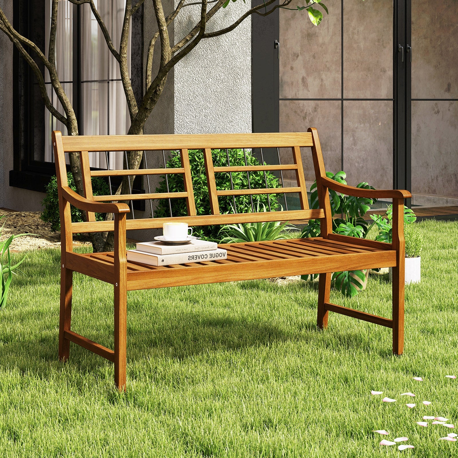 Patio Acacia Wood Bench with Curved Armrests Slatted Seat and Backrest, Natural Outdoor Benches   at Gallery Canada