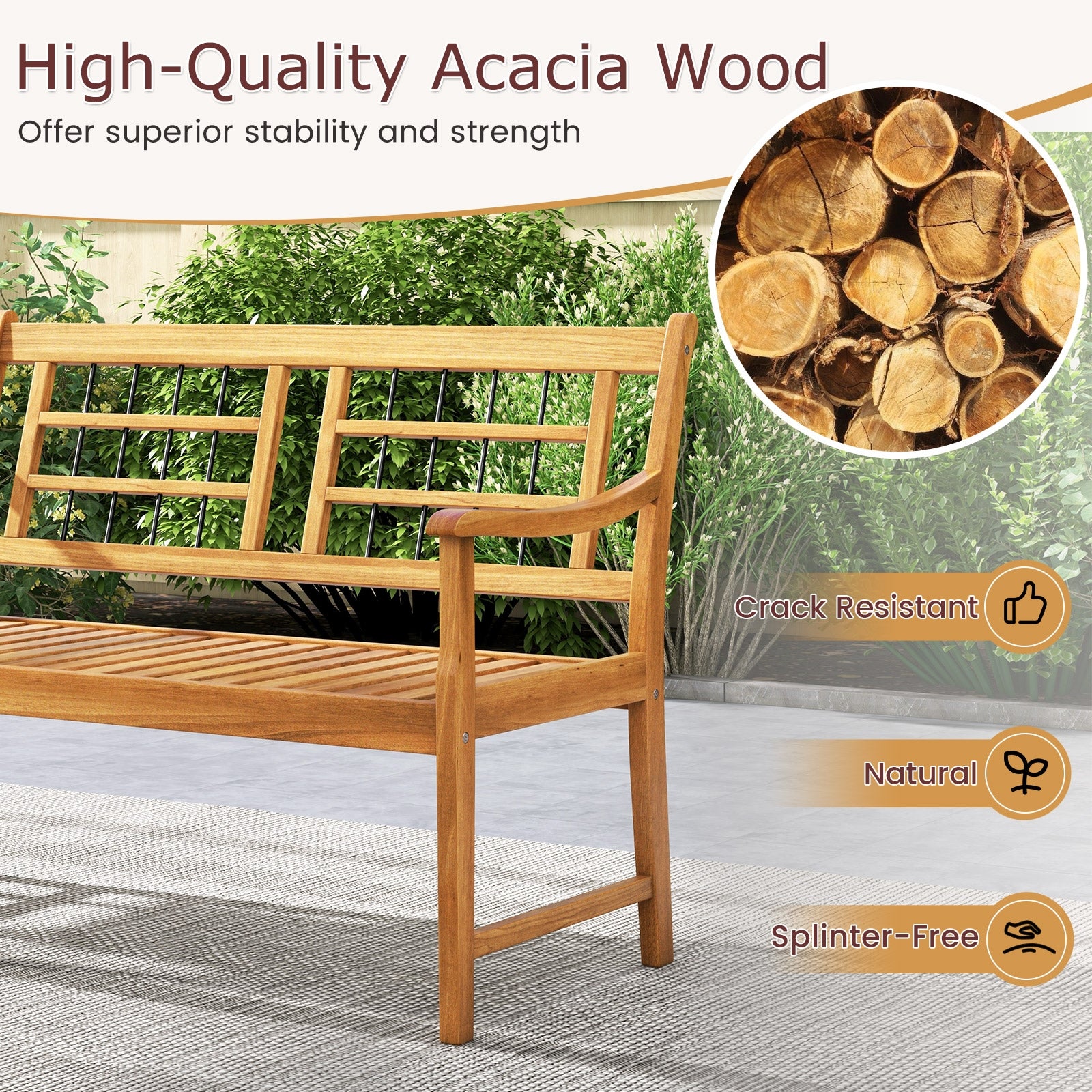 Patio Acacia Wood Bench with Curved Armrests Slatted Seat and Backrest, Natural Outdoor Benches   at Gallery Canada