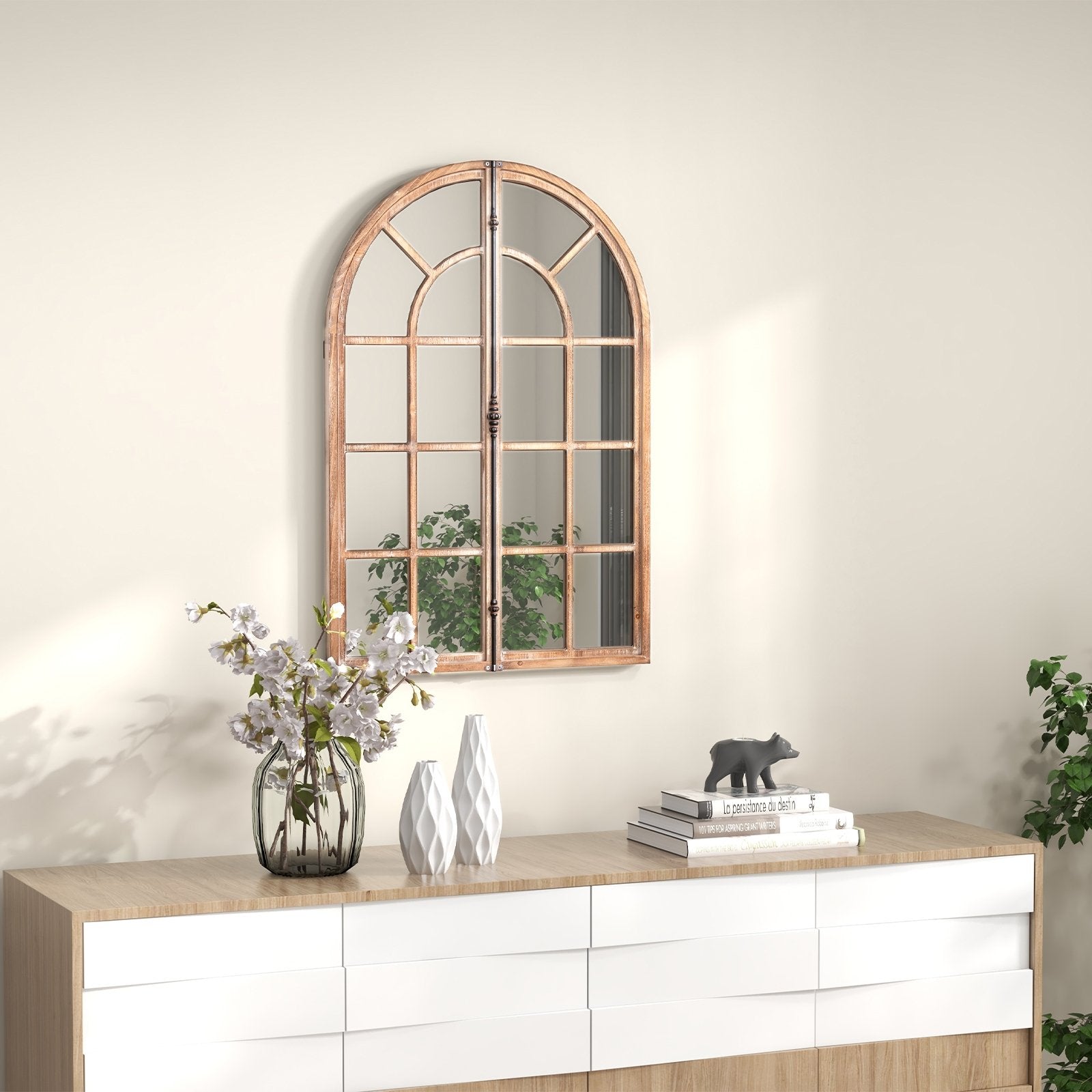 Arched Window Pane Farmhouse Wall Mounted Decorative Mirror-Nature, Natural Wall Mirrors   at Gallery Canada