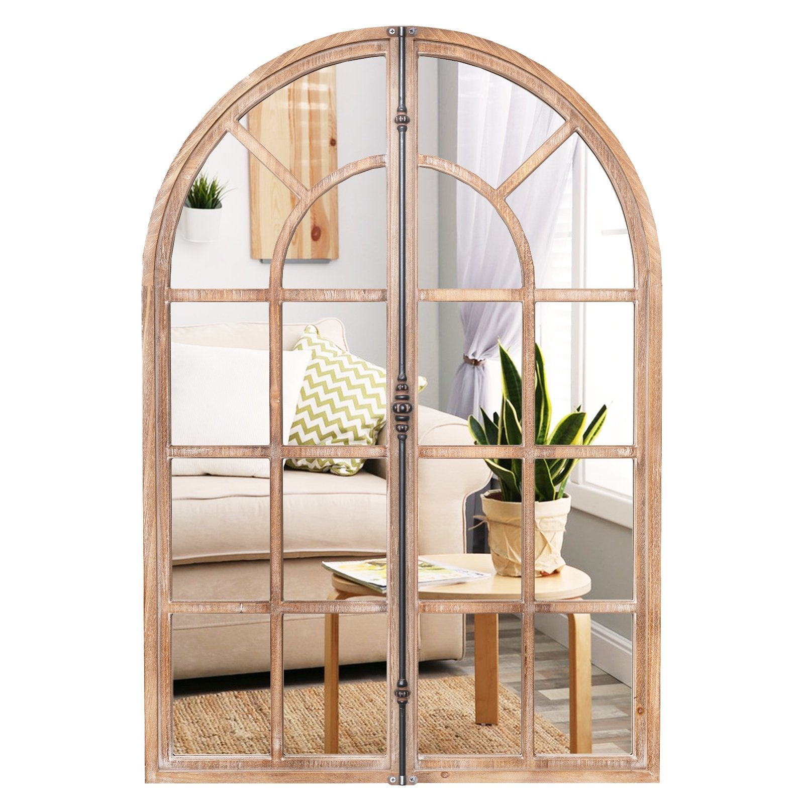 Arched Window Pane Farmhouse Wall Mounted Decorative Mirror-Nature, Natural Wall Mirrors Natural  at Gallery Canada