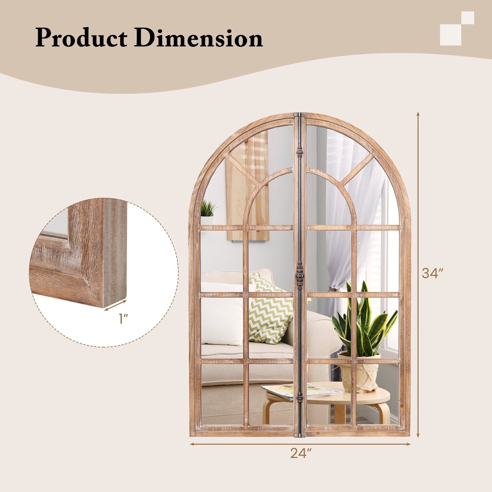 Arched Window Pane Farmhouse Wall Mounted Decorative Mirror-Nature, Natural Wall Mirrors   at Gallery Canada