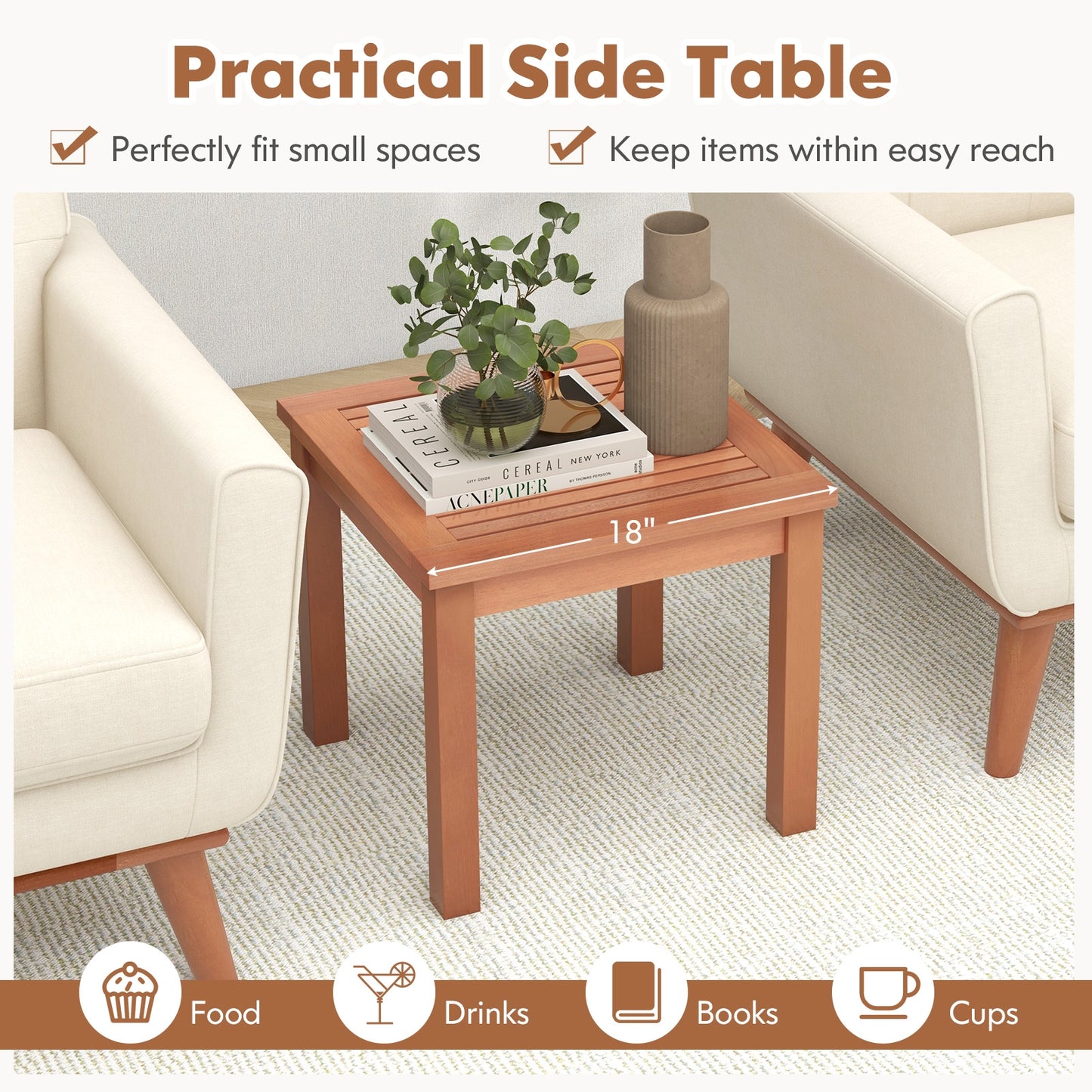 18 Inch Square End Outdoor Adirondack Side Table with Slatted Tabletop, Orange Patio Coffee Tables   at Gallery Canada