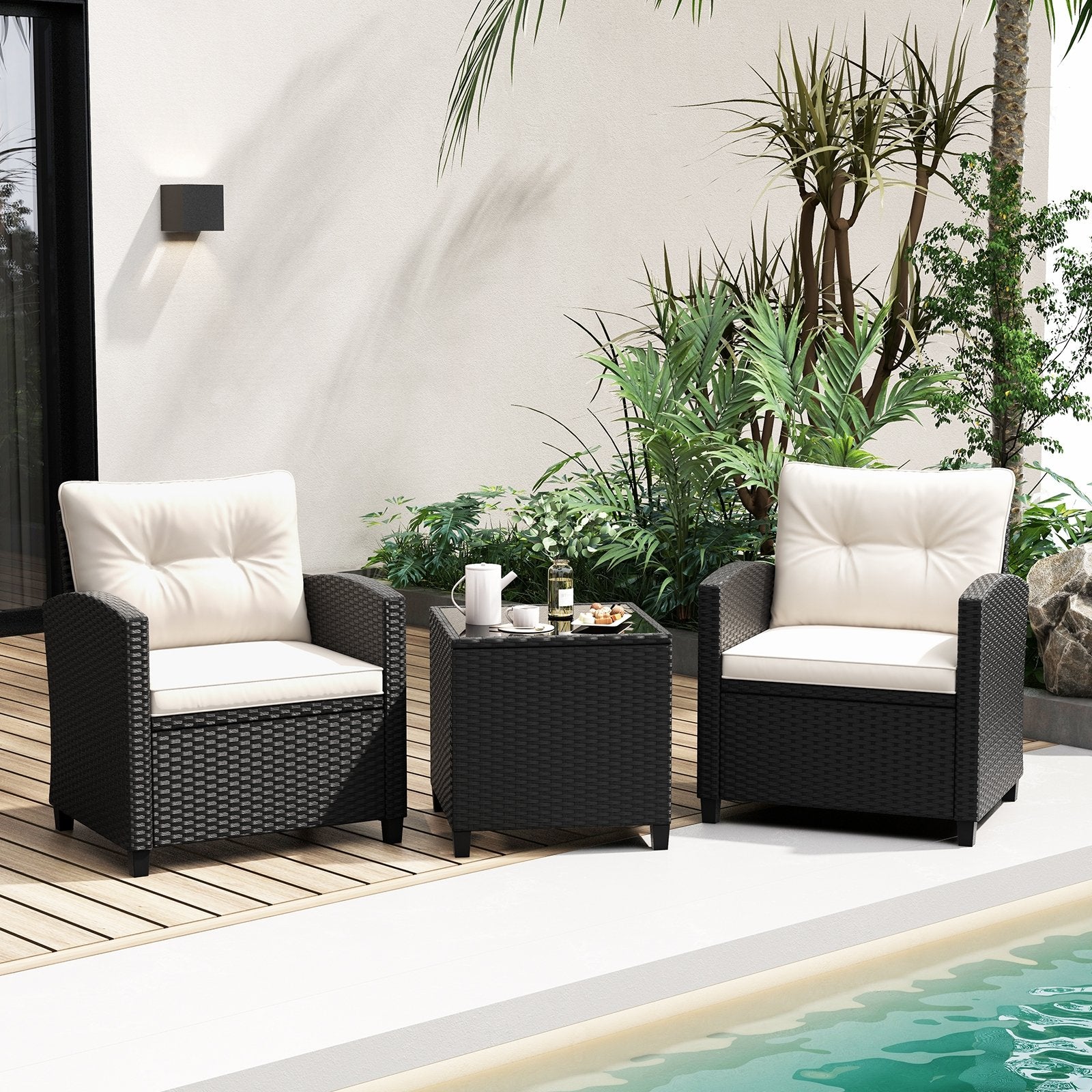 3 Pieces Patio Furniture Set with Tempered Glass Coffee Table, White Patio Conversation Sets   at Gallery Canada