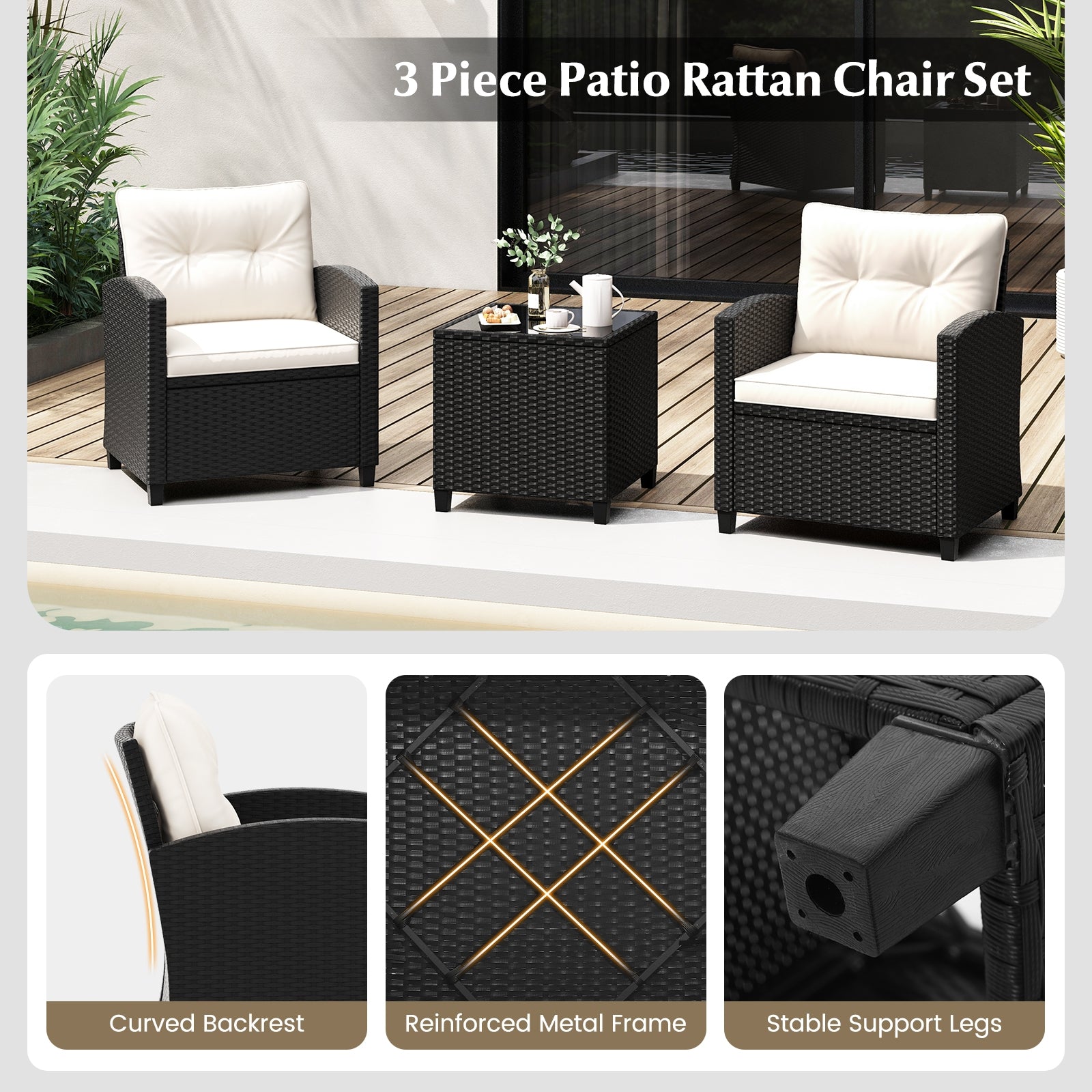 3 Pieces Patio Furniture Set with Tempered Glass Coffee Table, White Patio Conversation Sets   at Gallery Canada