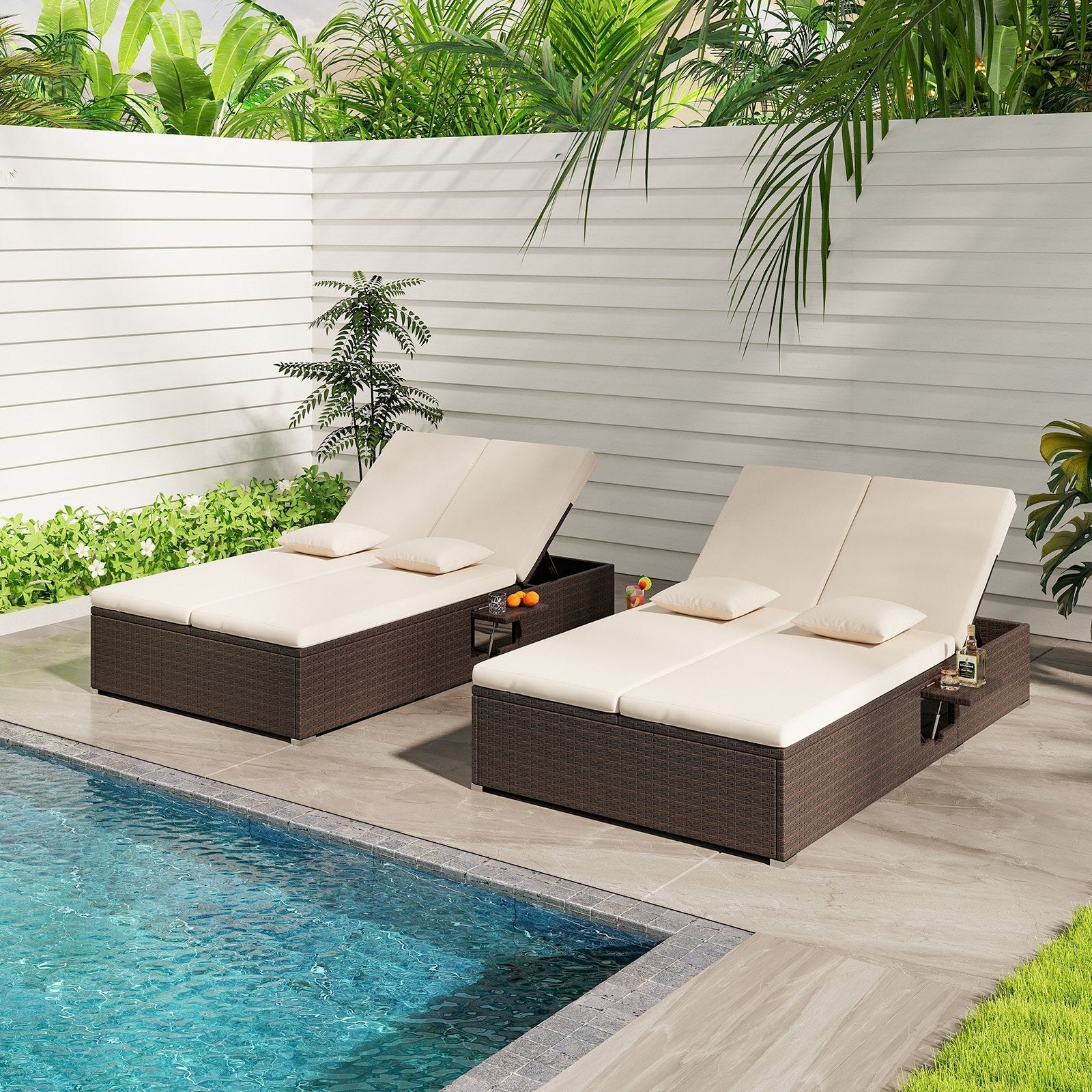 Patio Double Chaise Lounge with Cushions and Folding Side Trays, Beige Outdoor Chaise Lounges   at Gallery Canada