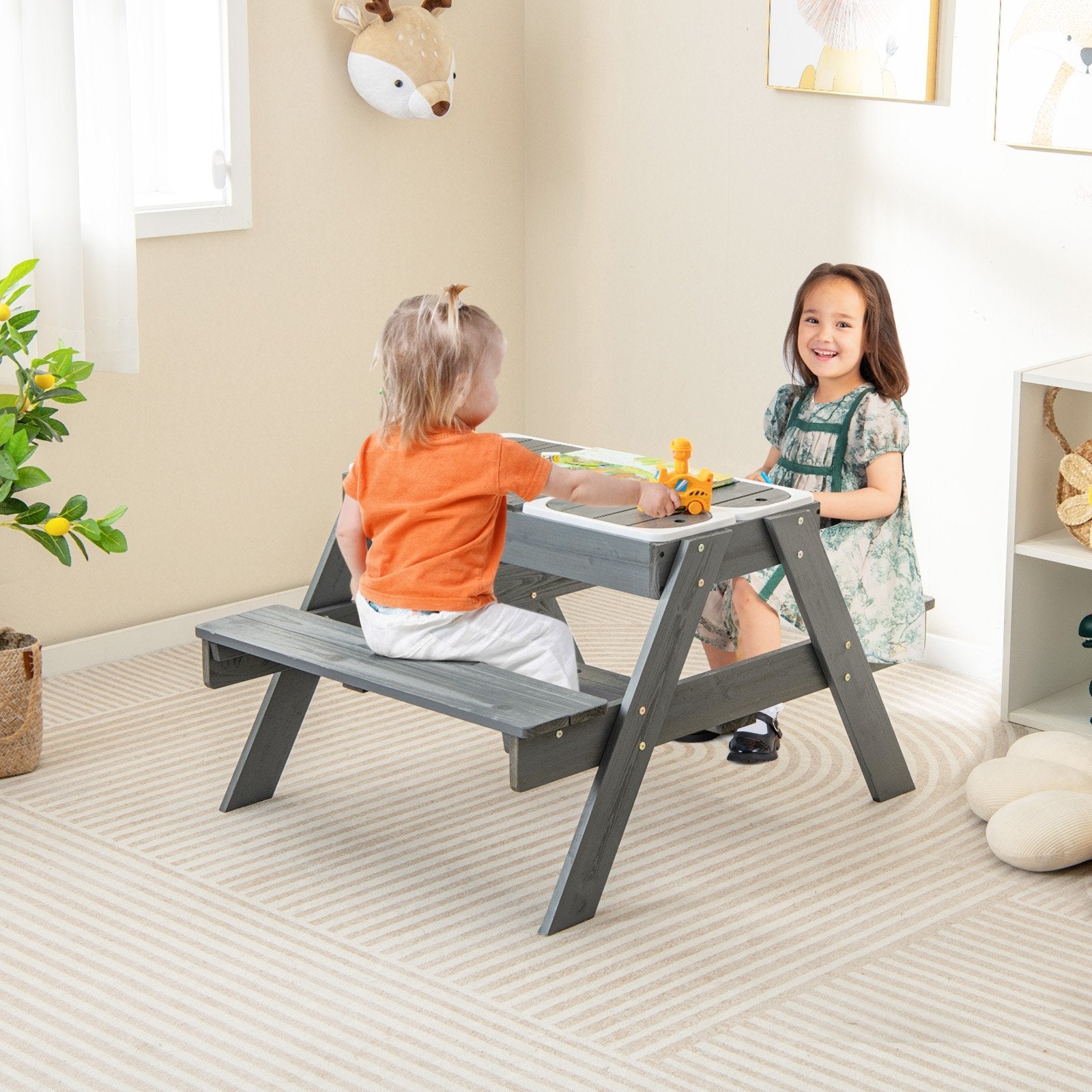 Kids Picnic Table Set with 3 Removable Bins, Gray Kids Table & Chair Sets   at Gallery Canada