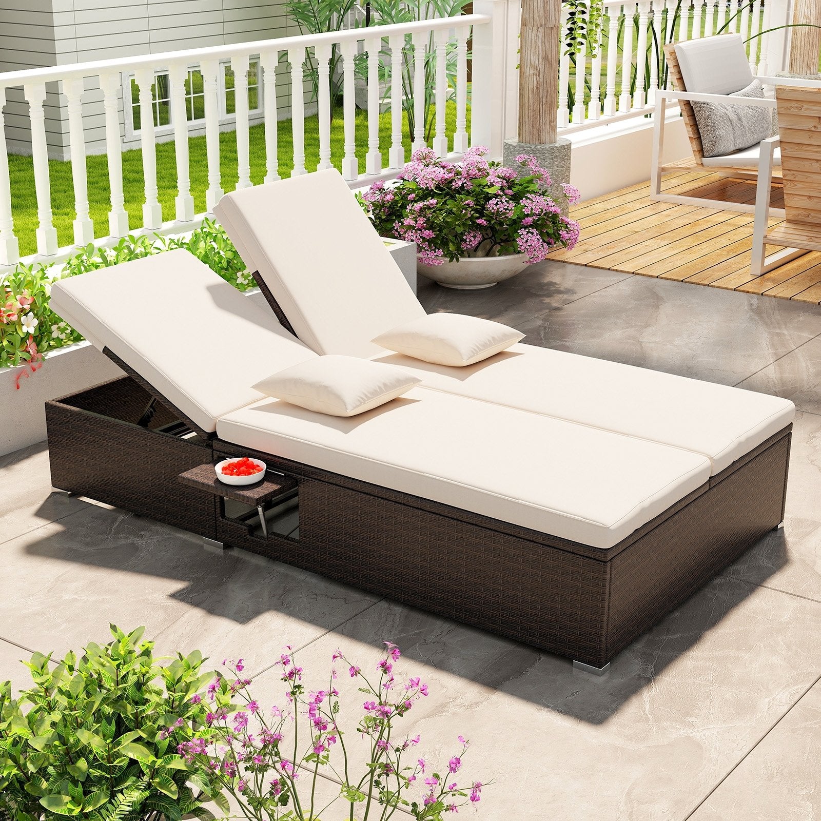 Patio Double Chaise Lounge with Cushions and Folding Side Trays, Beige Outdoor Chaise Lounges   at Gallery Canada