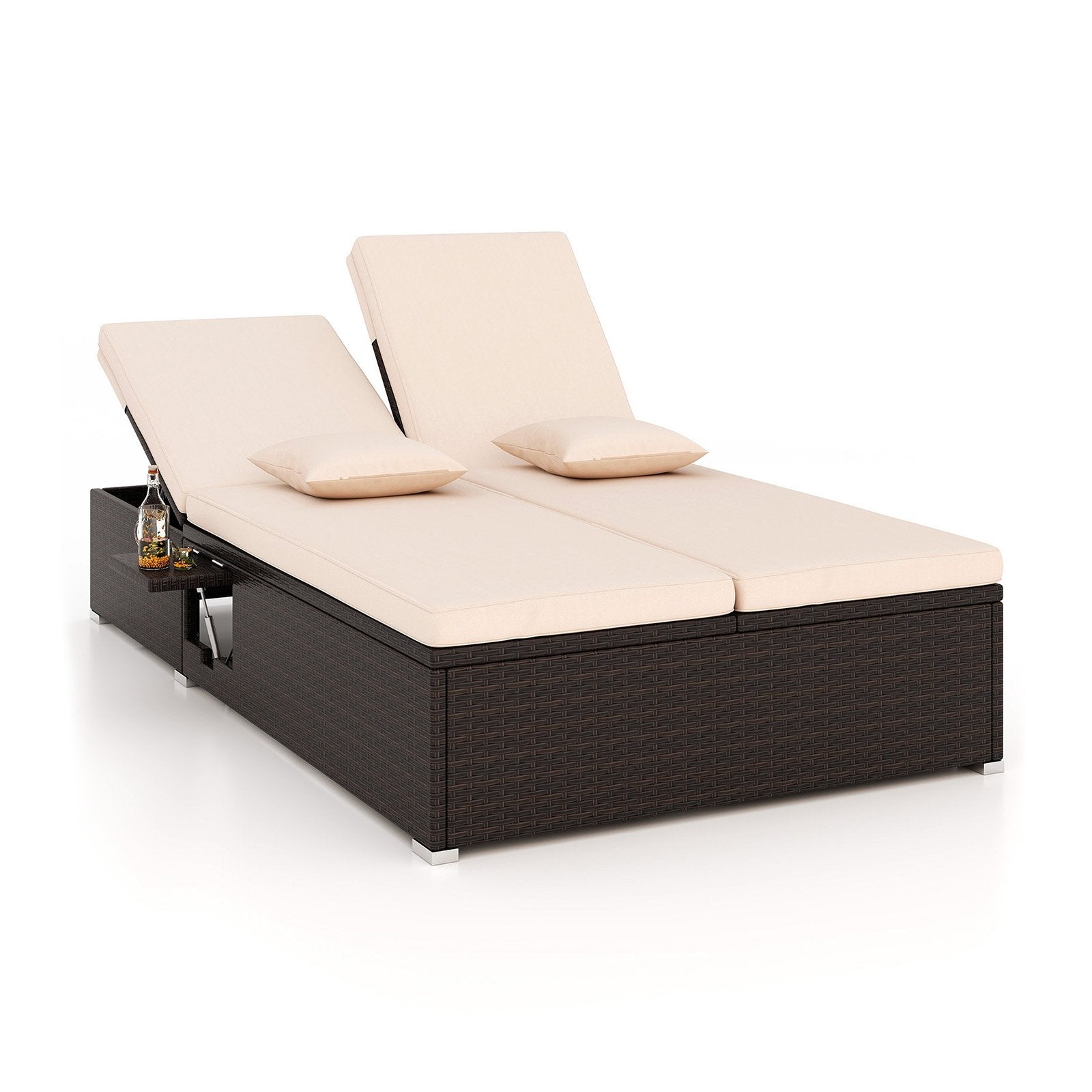 Patio Double Chaise Lounge with Cushions and Folding Side Trays, Beige Outdoor Chaise Lounges Beige  at Gallery Canada