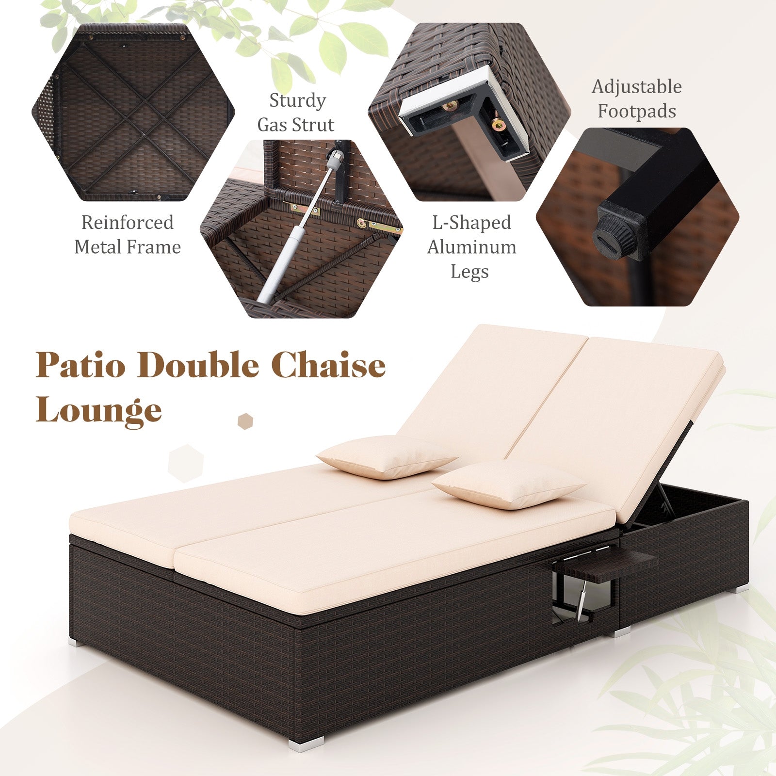 Patio Double Chaise Lounge with Cushions and Folding Side Trays, Beige Outdoor Chaise Lounges   at Gallery Canada