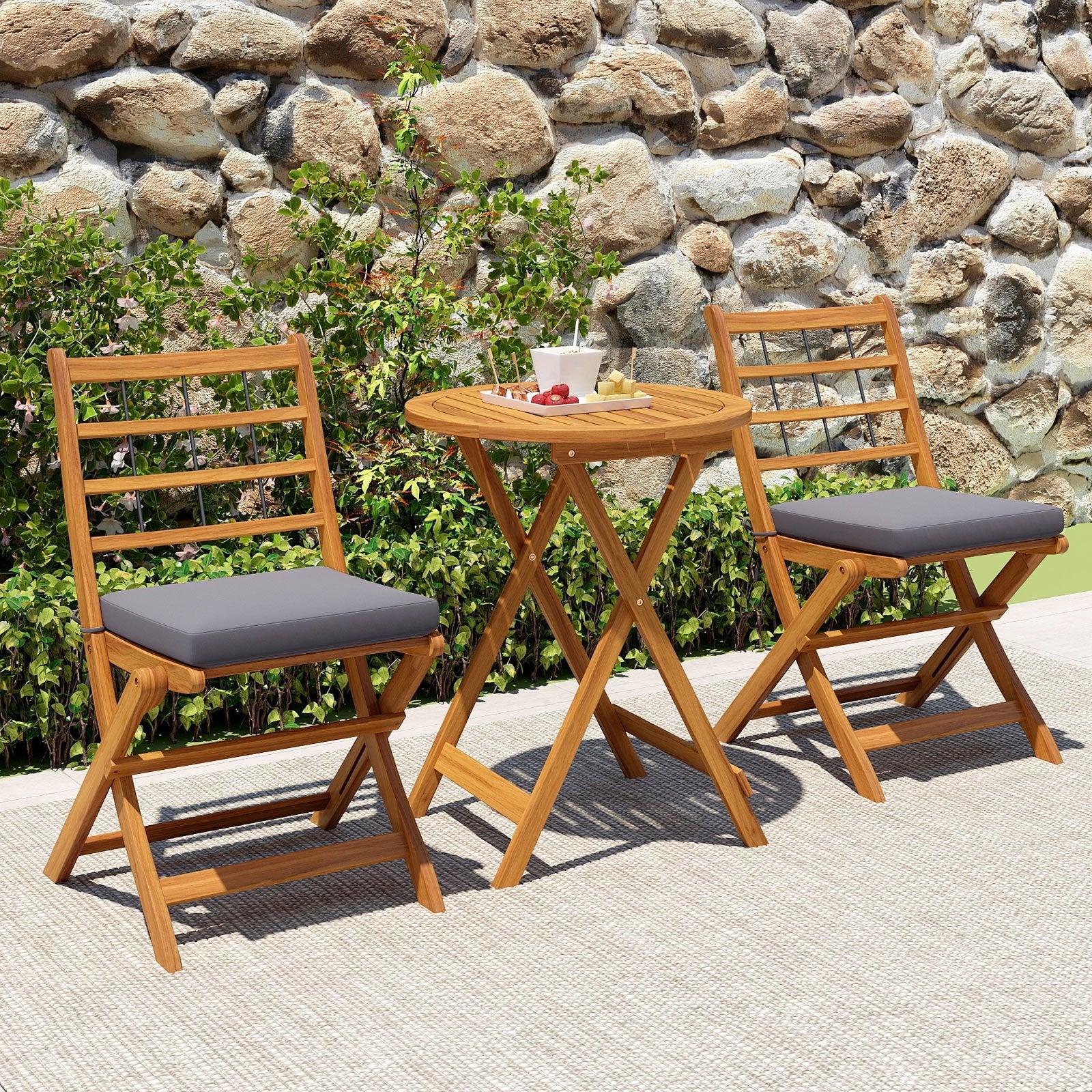 3 Pieces Acacia Wood Patio Bistro Set with Cushions, Gray Patio Conversation Sets   at Gallery Canada