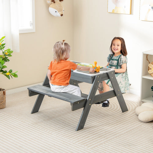 Kids Picnic Table Set with 3 Removable Bins, Gray