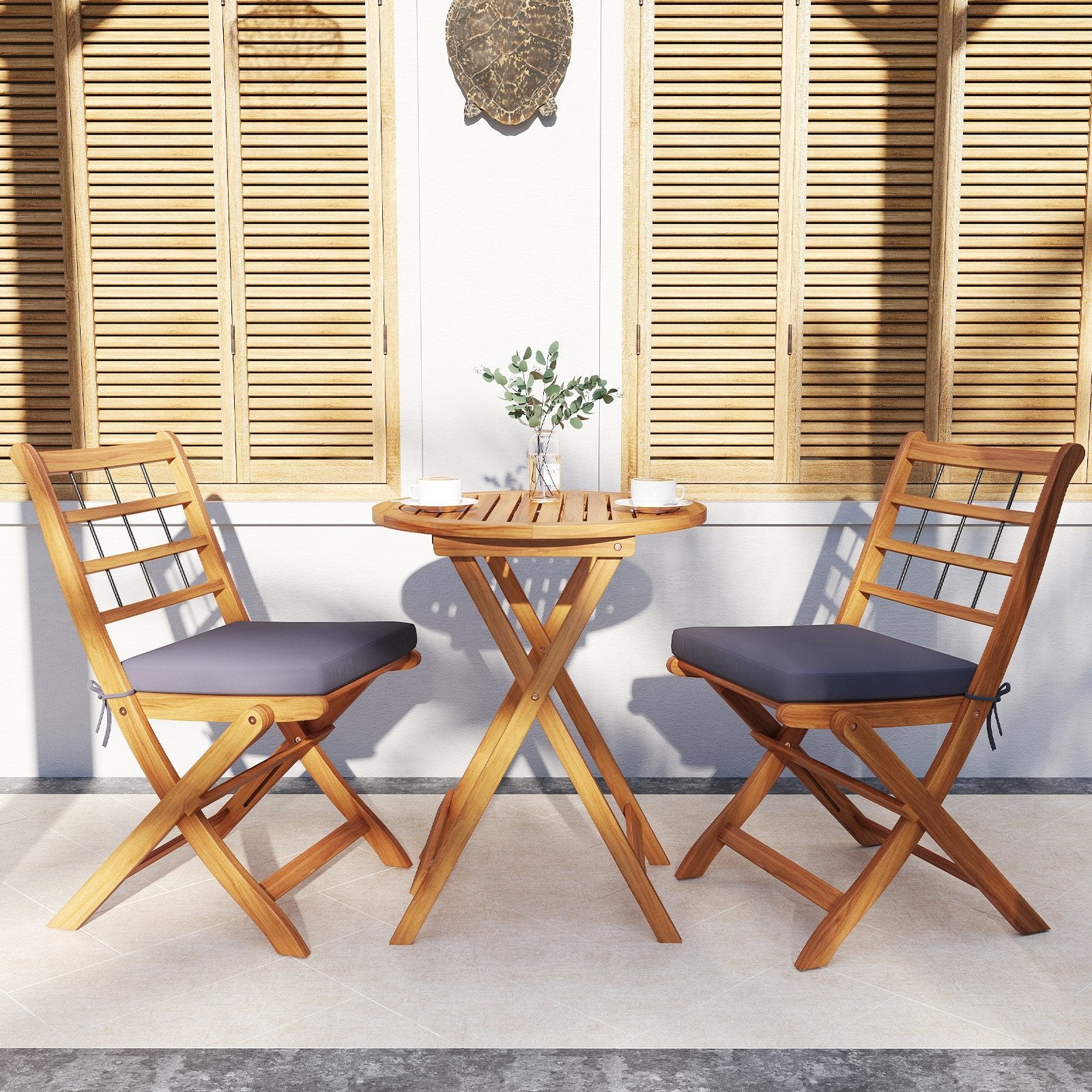 3 Pieces Acacia Wood Patio Bistro Set with Cushions, Gray Patio Conversation Sets   at Gallery Canada