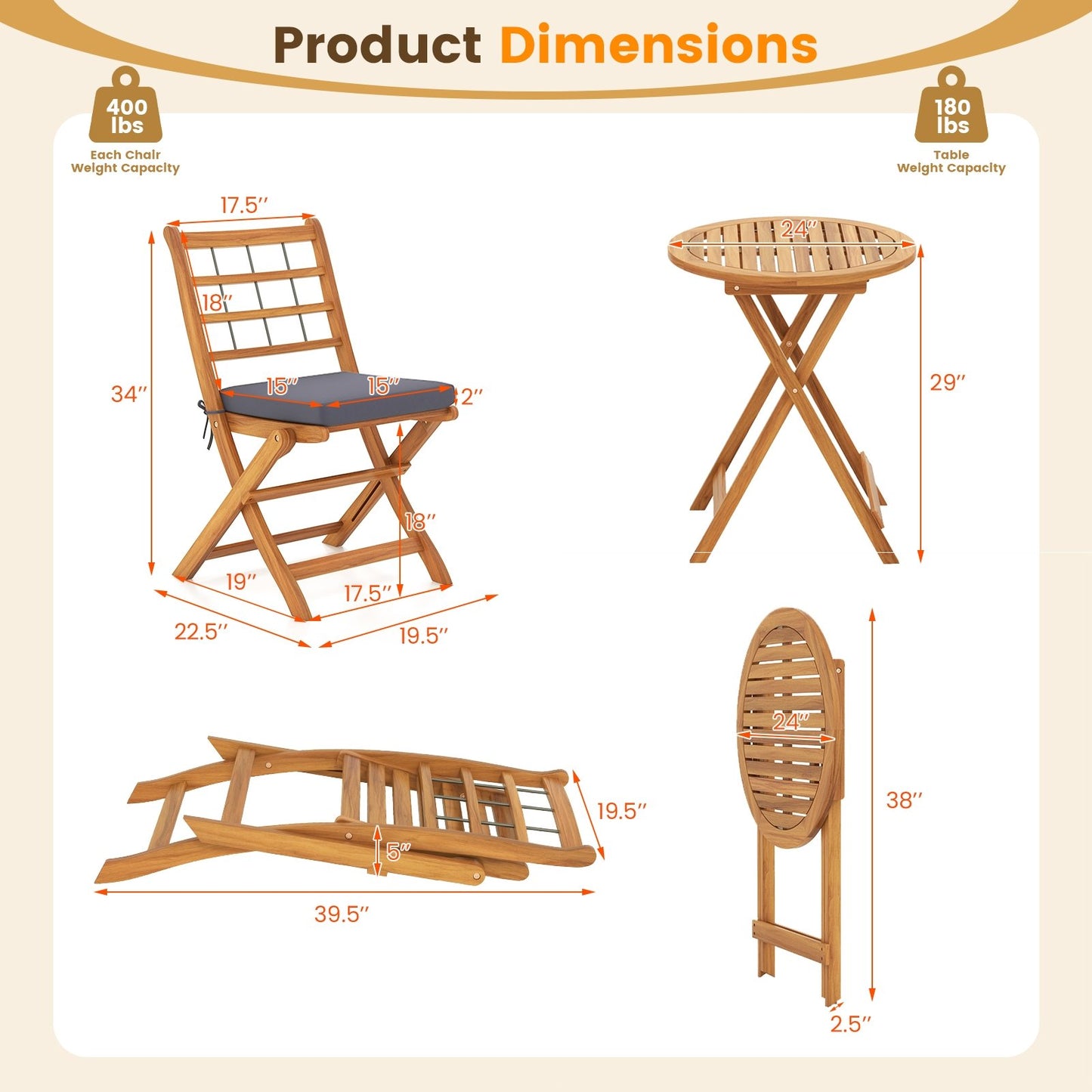 3 Pieces Acacia Wood Patio Bistro Set with Cushions, Gray Patio Conversation Sets   at Gallery Canada