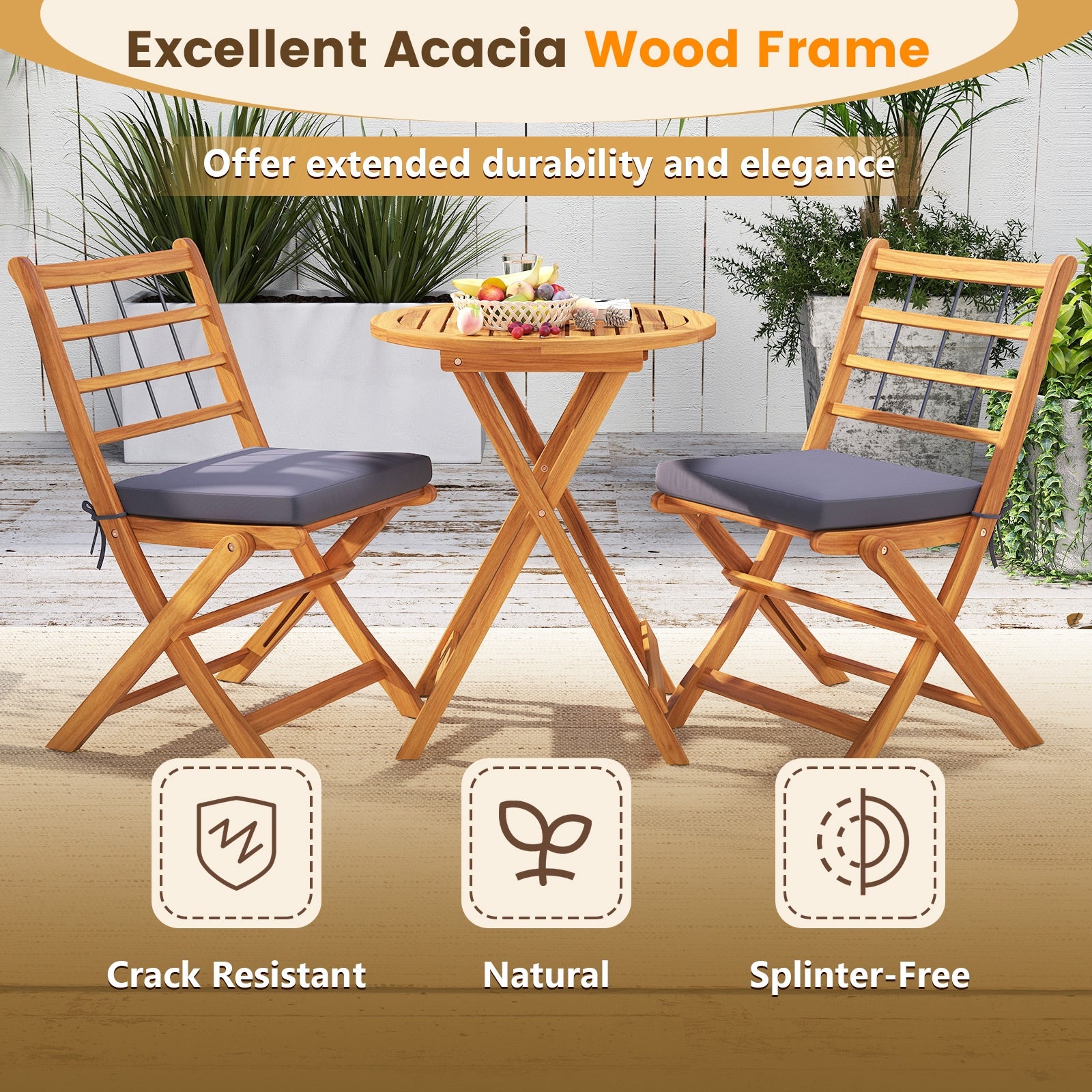 3 Pieces Acacia Wood Patio Bistro Set with Cushions, Gray Patio Conversation Sets   at Gallery Canada