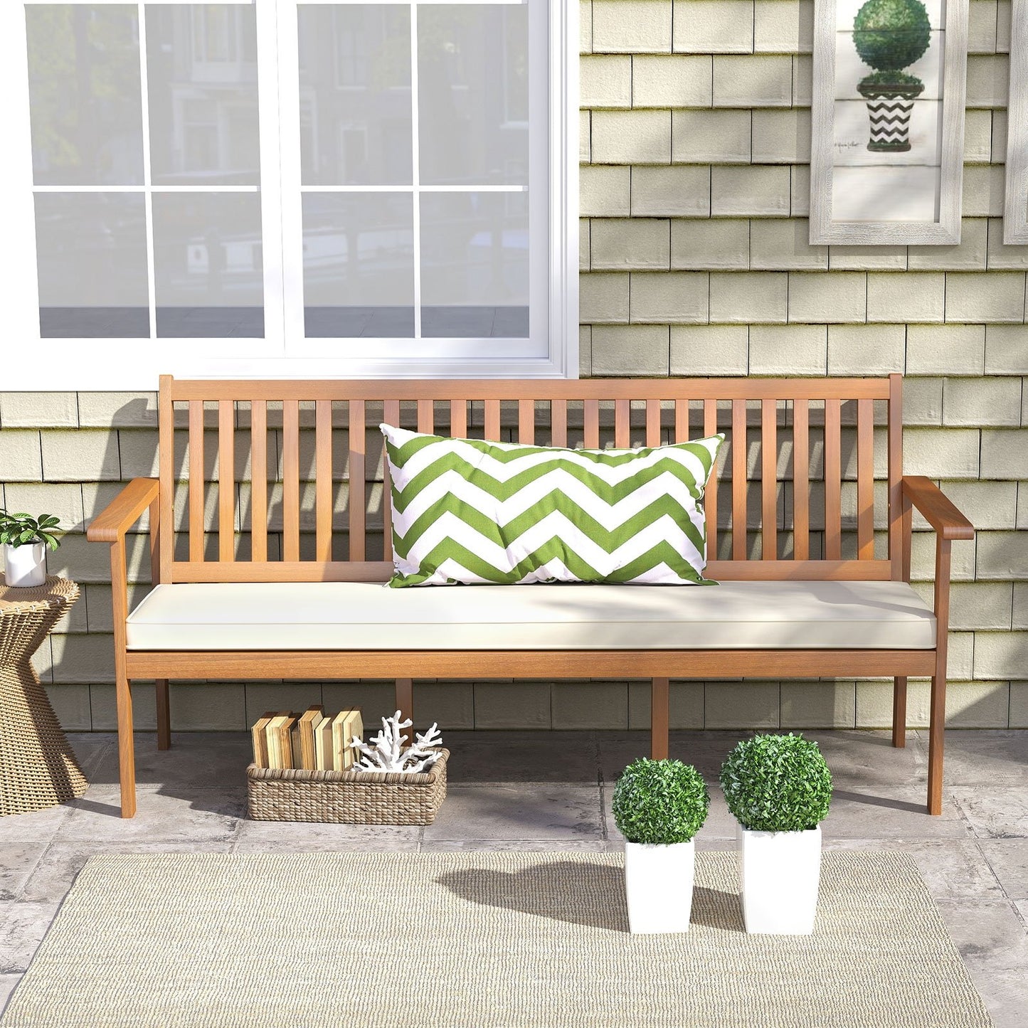 Outdoor 3-Seat Wood Bench with Seat Cushion and Slatted Seat, White Outdoor Benches   at Gallery Canada