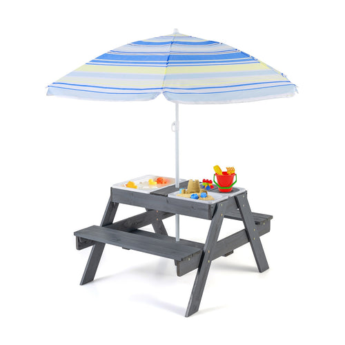 Kids Picnic Table Set with 3 Removable Bins, Gray