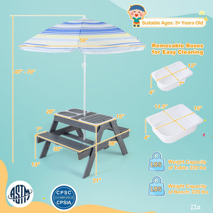 Kids Picnic Table Set with 3 Removable Bins, Gray Kids Table & Chair Sets   at Gallery Canada