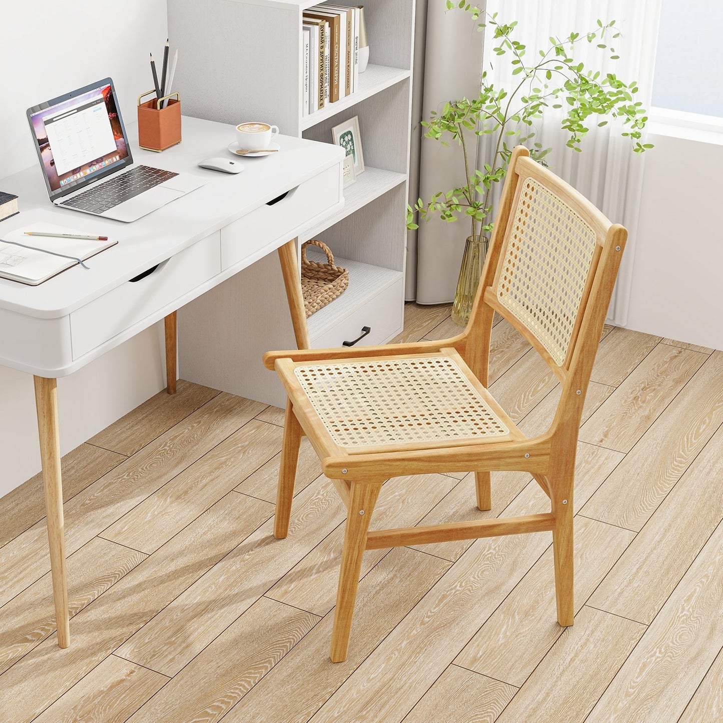 Rattan Dining Chair with Natural Cane Woven Backrest and Teak Wood Frame, Natural Dining Chairs   at Gallery Canada