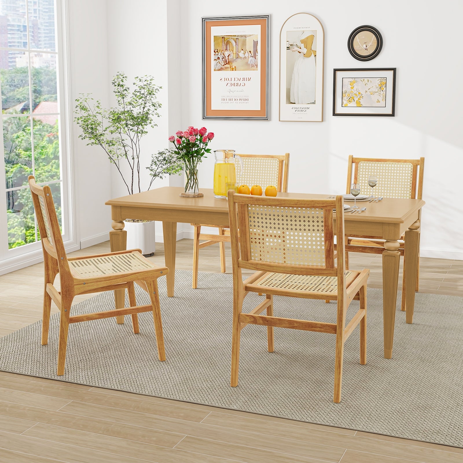 Rattan Dining Chair with Natural Cane Woven Backrest and Teak Wood Frame, Natural Dining Chairs   at Gallery Canada