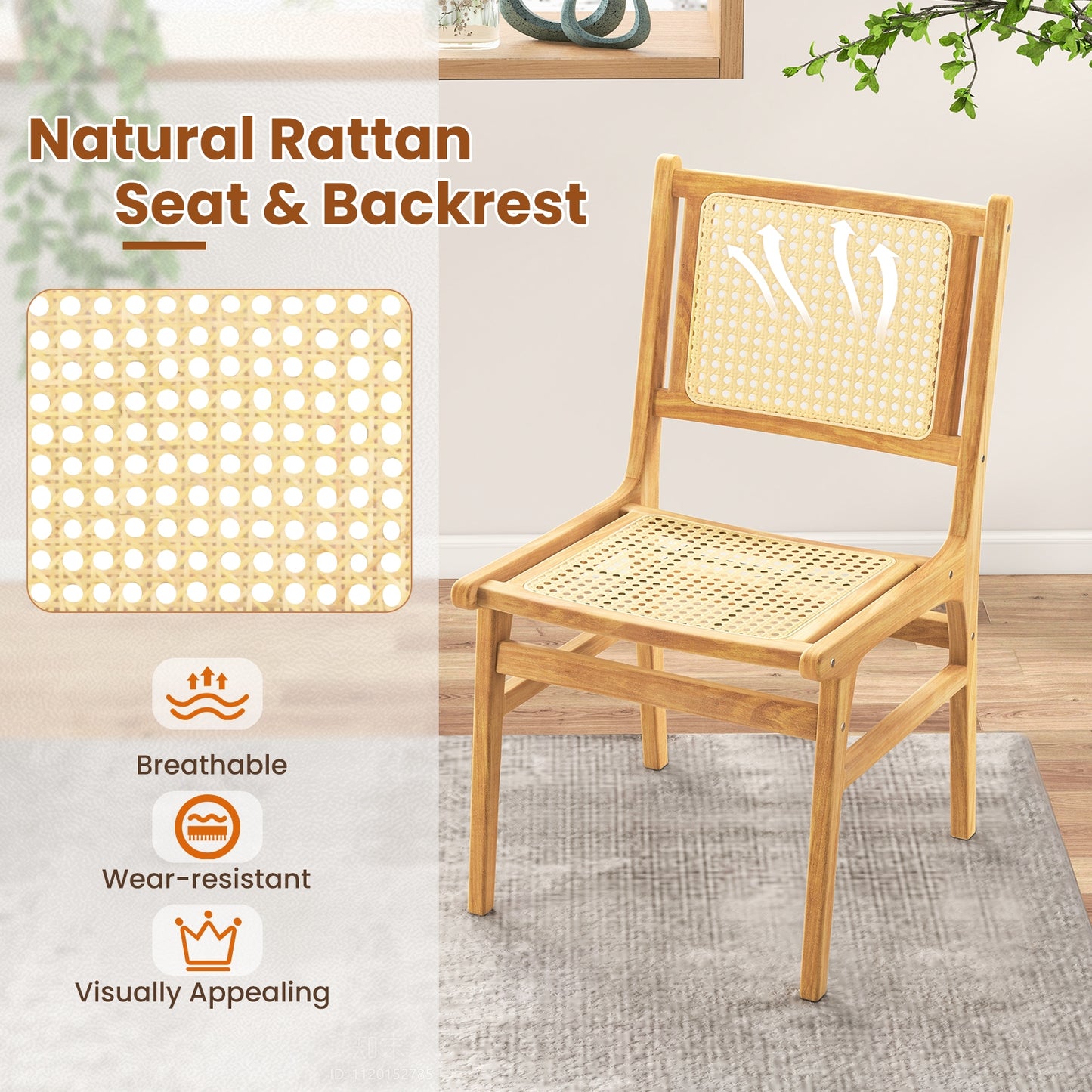 Rattan Dining Chair with Natural Cane Woven Backrest and Teak Wood Frame, Natural Dining Chairs   at Gallery Canada