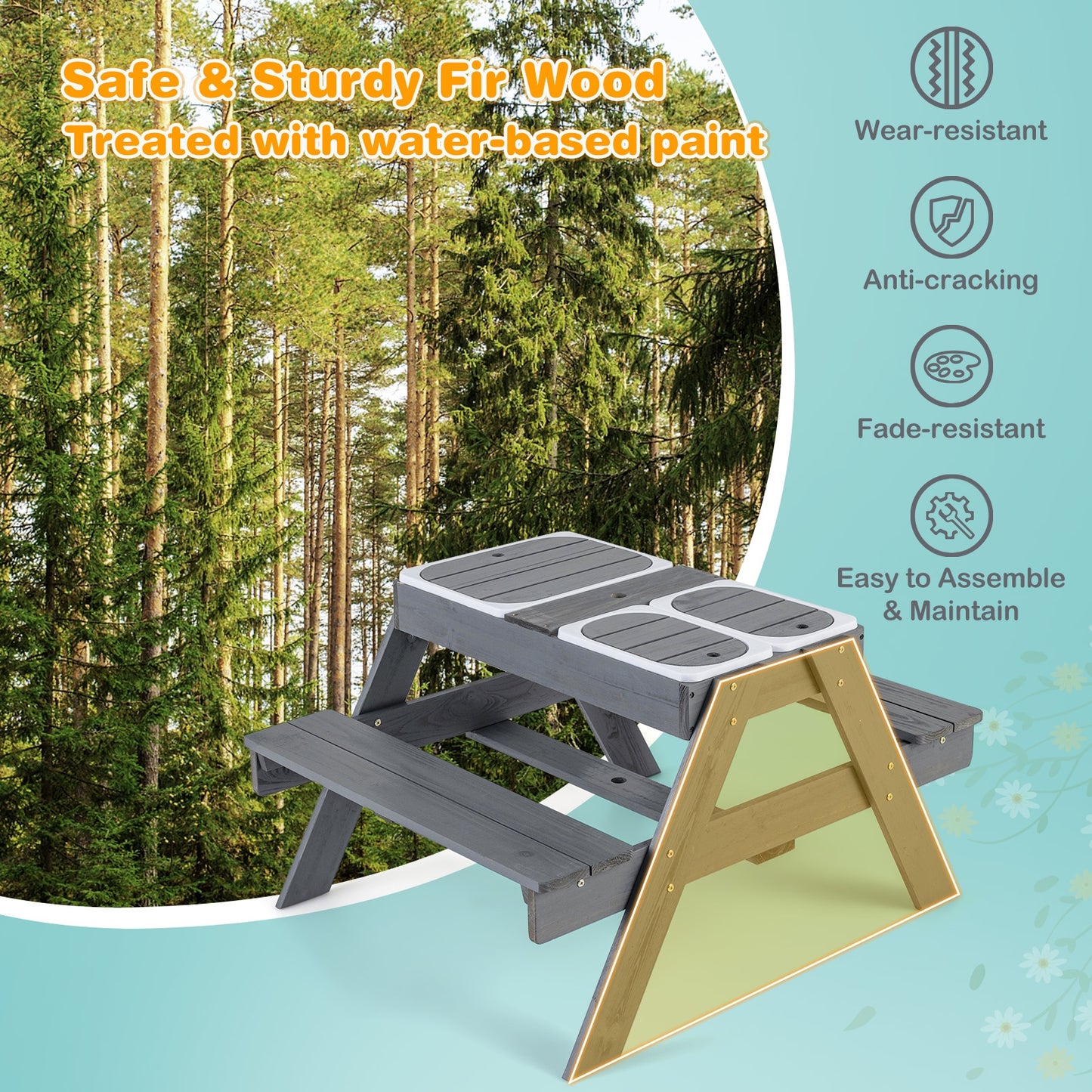 Kids Picnic Table Set with 3 Removable Bins, Gray Kids Table & Chair Sets   at Gallery Canada