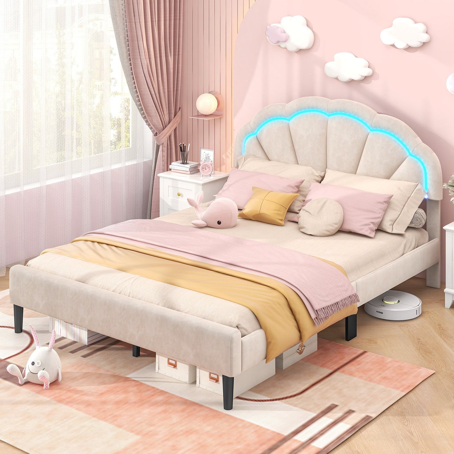 Upholstered LED Bed Frame with Adjustable Flower Headboard and Metal Support Feet-Queen Size Trundle Bed Frame   at Gallery Canada