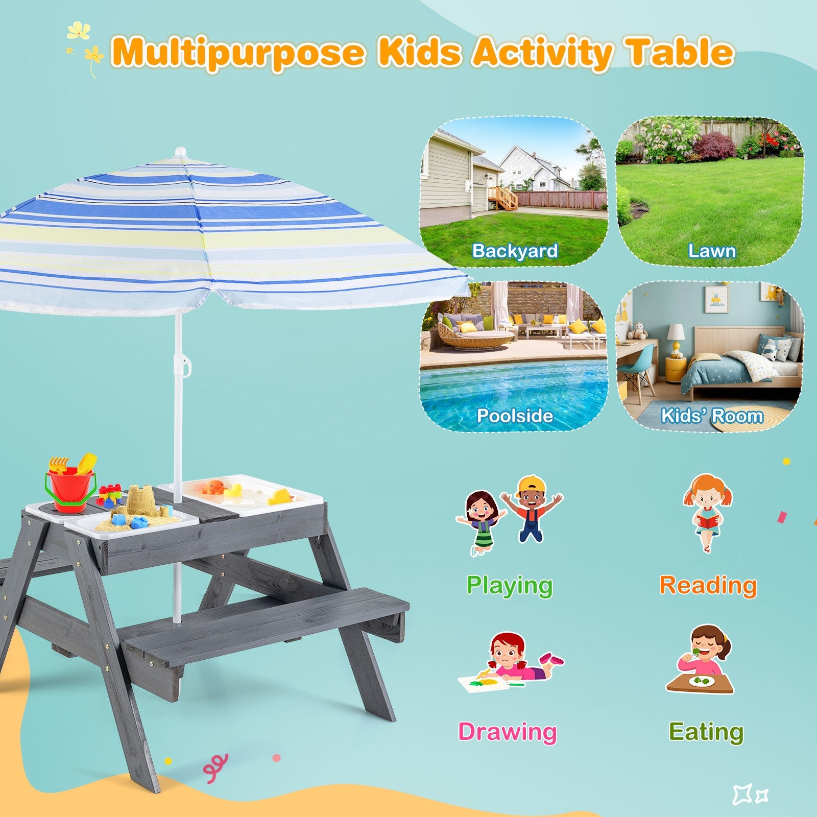 Kids Picnic Table Set with 3 Removable Bins, Gray Kids Table & Chair Sets   at Gallery Canada