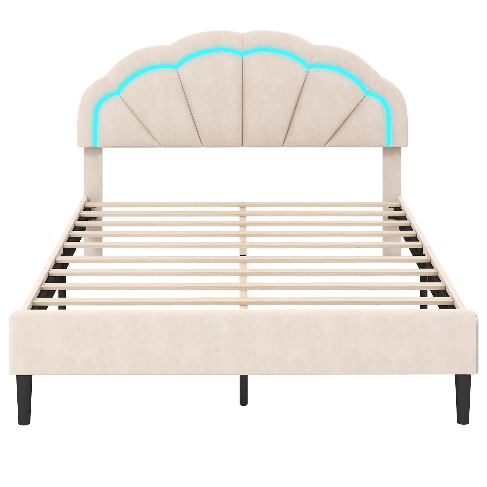 Upholstered LED Bed Frame with Adjustable Flower Headboard and Metal Support Feet-Queen Size Trundle Bed Frame Queen Size - Beige  at Gallery Canada