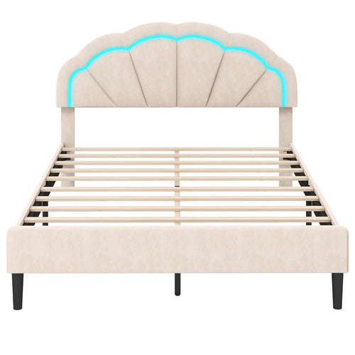 Upholstered LED Bed Frame with Adjustable Flower Headboard and Metal Support Feet-Queen Size