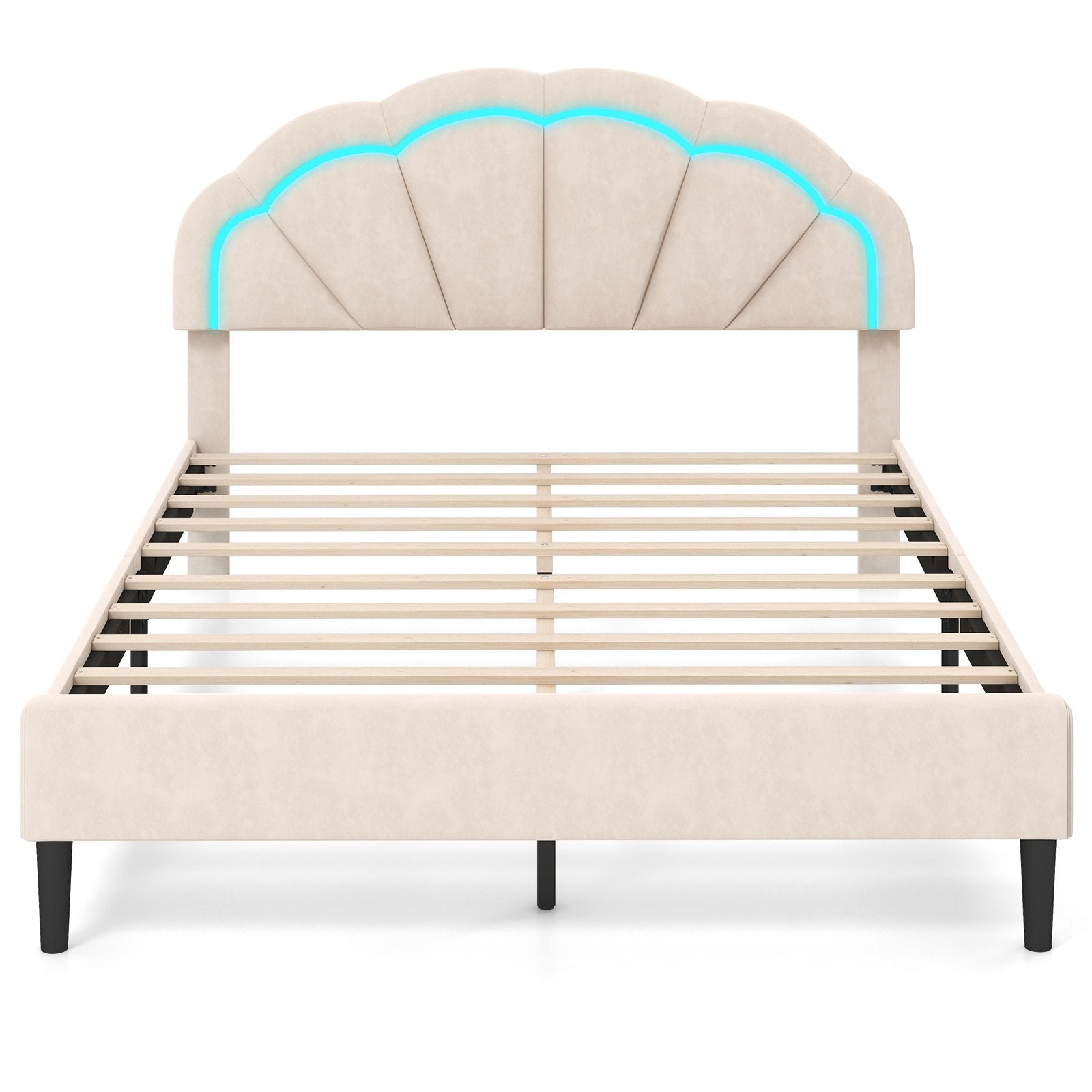 Upholstered LED Bed Frame with Adjustable Flower Headboard and Metal Support Feet-Queen Size Trundle Bed Frame   at Gallery Canada