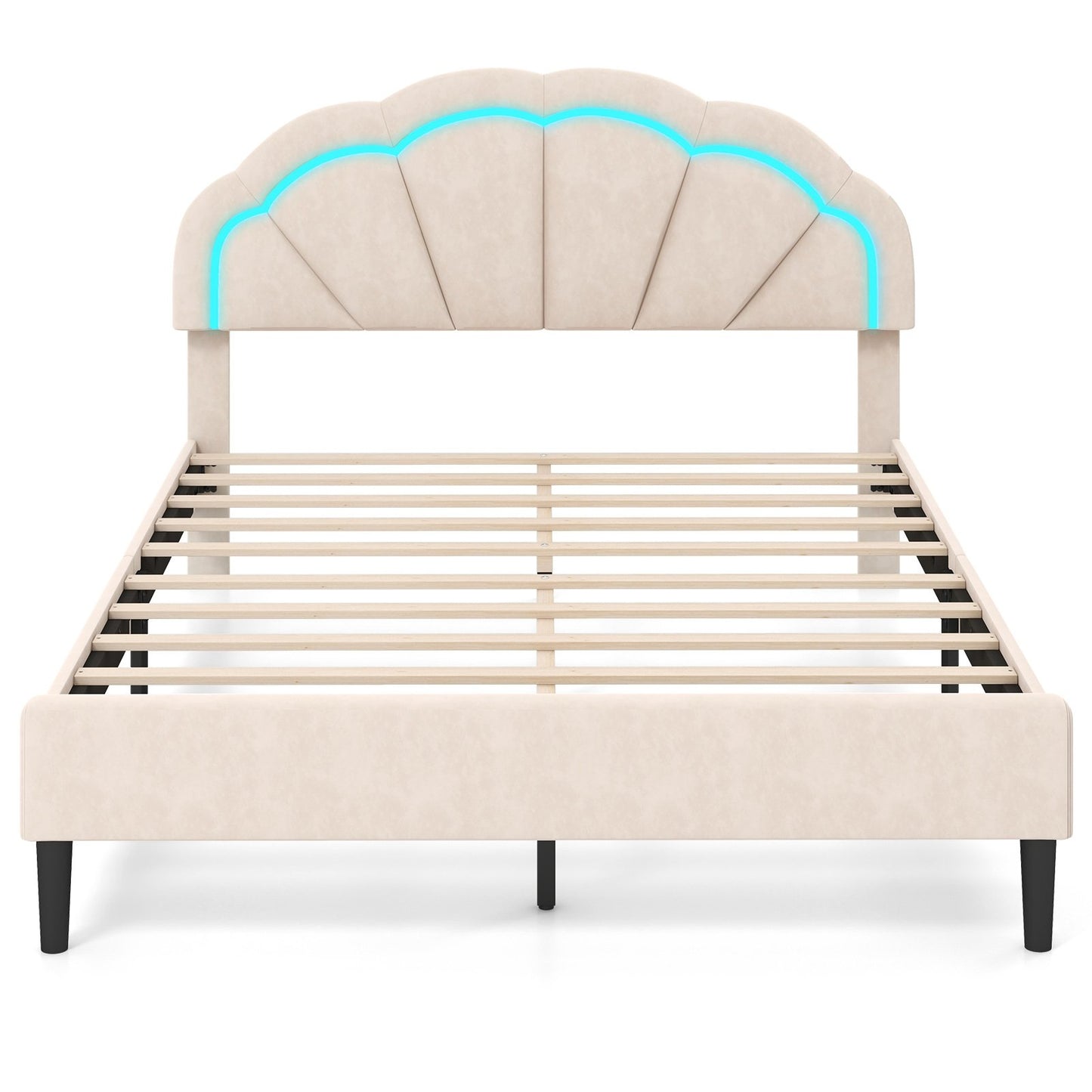 Upholstered LED Bed Frame with Adjustable Flower Headboard and Metal Support Feet-Queen Size Trundle Bed Frame   at Gallery Canada