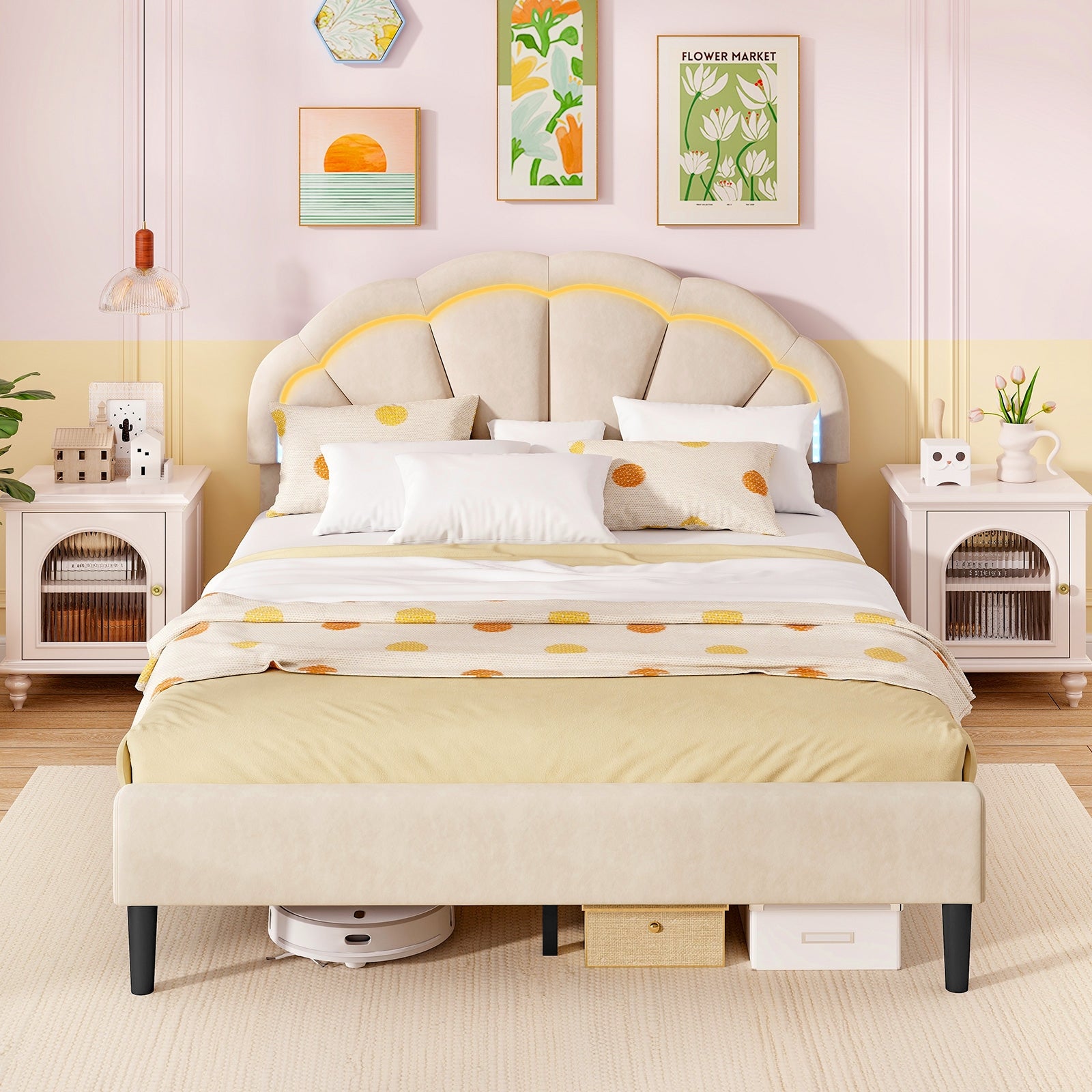 Upholstered LED Bed Frame with Adjustable Flower Headboard and Metal Support Feet-Queen Size Trundle Bed Frame   at Gallery Canada