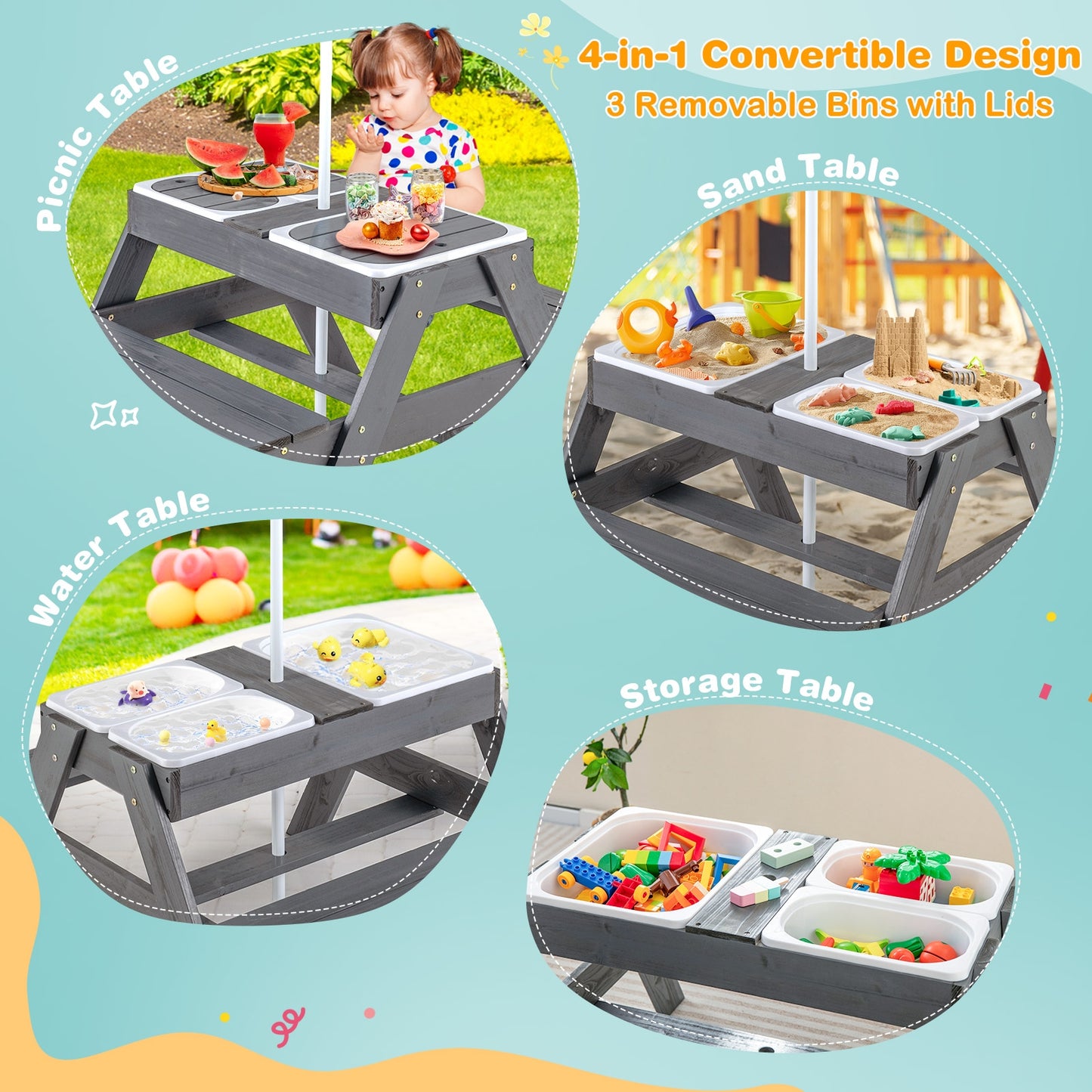 Kids Picnic Table Set with 3 Removable Bins, Gray Kids Table & Chair Sets   at Gallery Canada