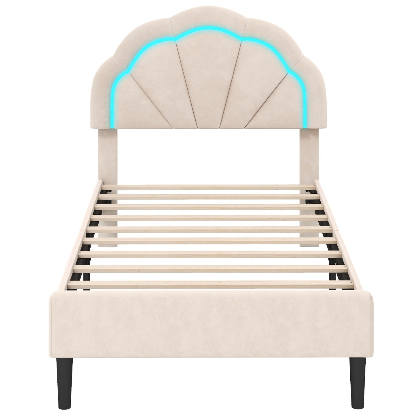 Upholstered LED Bed Frame with Adjustable Flower Headboard and Metal Support Feet-Twin Size Trundle Bed Frame Twin Size - Beige  at Gallery Canada