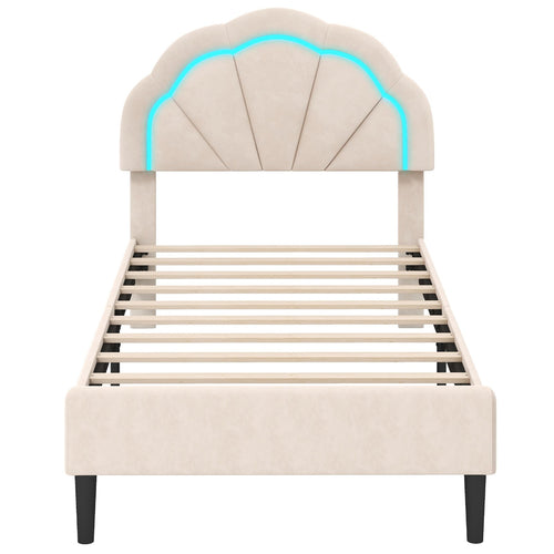 Upholstered LED Bed Frame with Adjustable Flower Headboard and Metal Support Feet-Twin Size