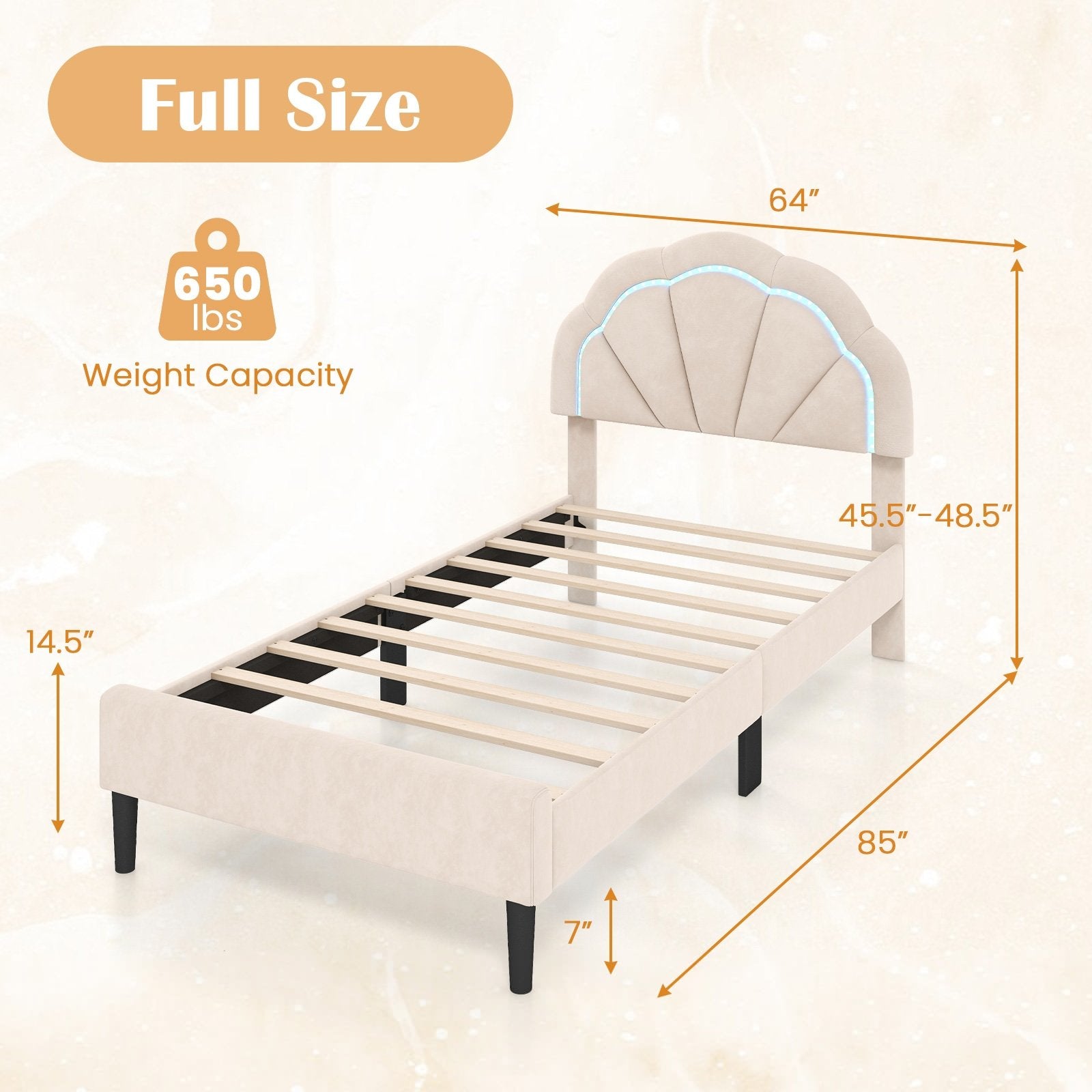 Upholstered LED Bed Frame with Adjustable Flower Headboard and Metal Support Feet-Twin Size Trundle Bed Frame   at Gallery Canada