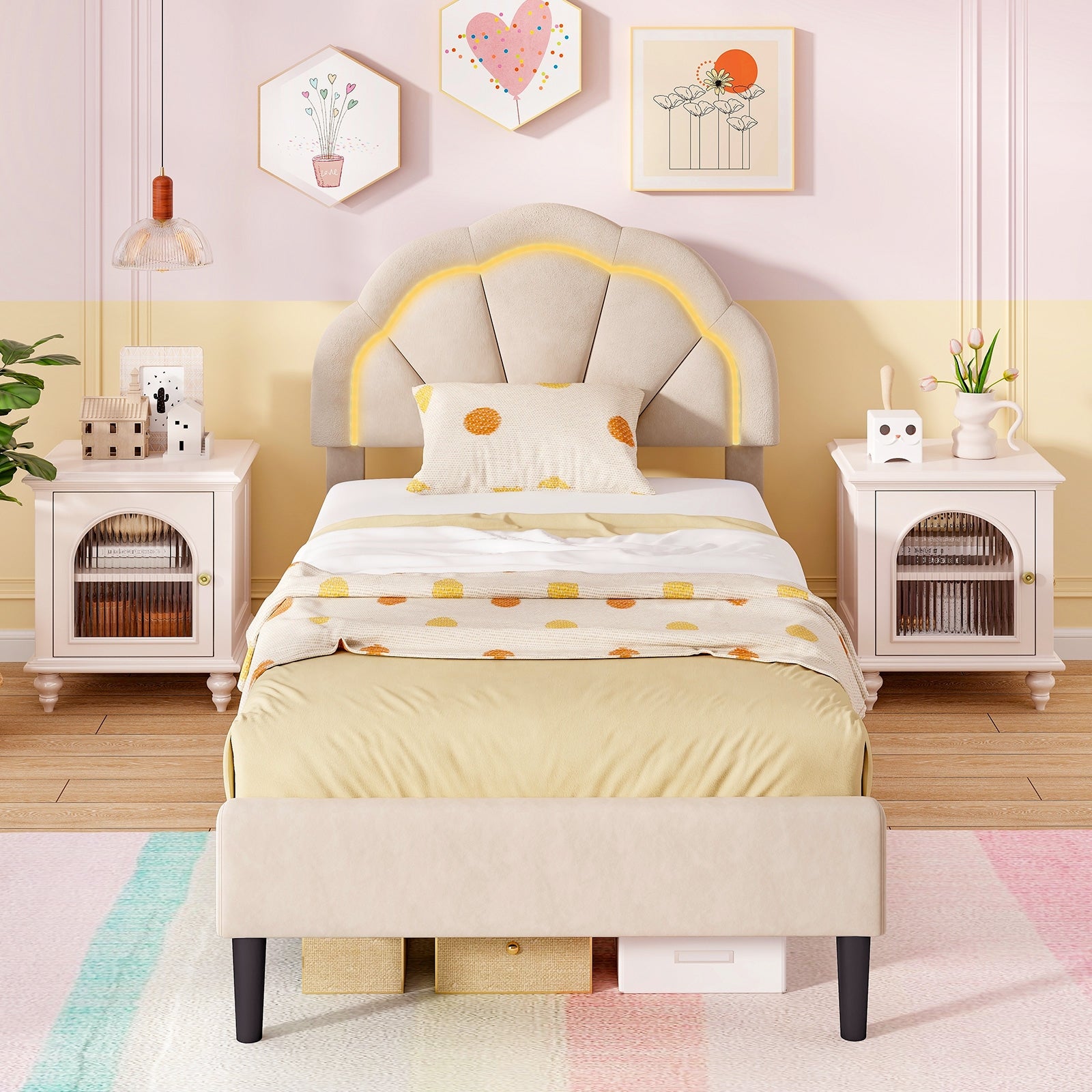 Upholstered LED Bed Frame with Adjustable Flower Headboard and Metal Support Feet-Twin Size Trundle Bed Frame   at Gallery Canada