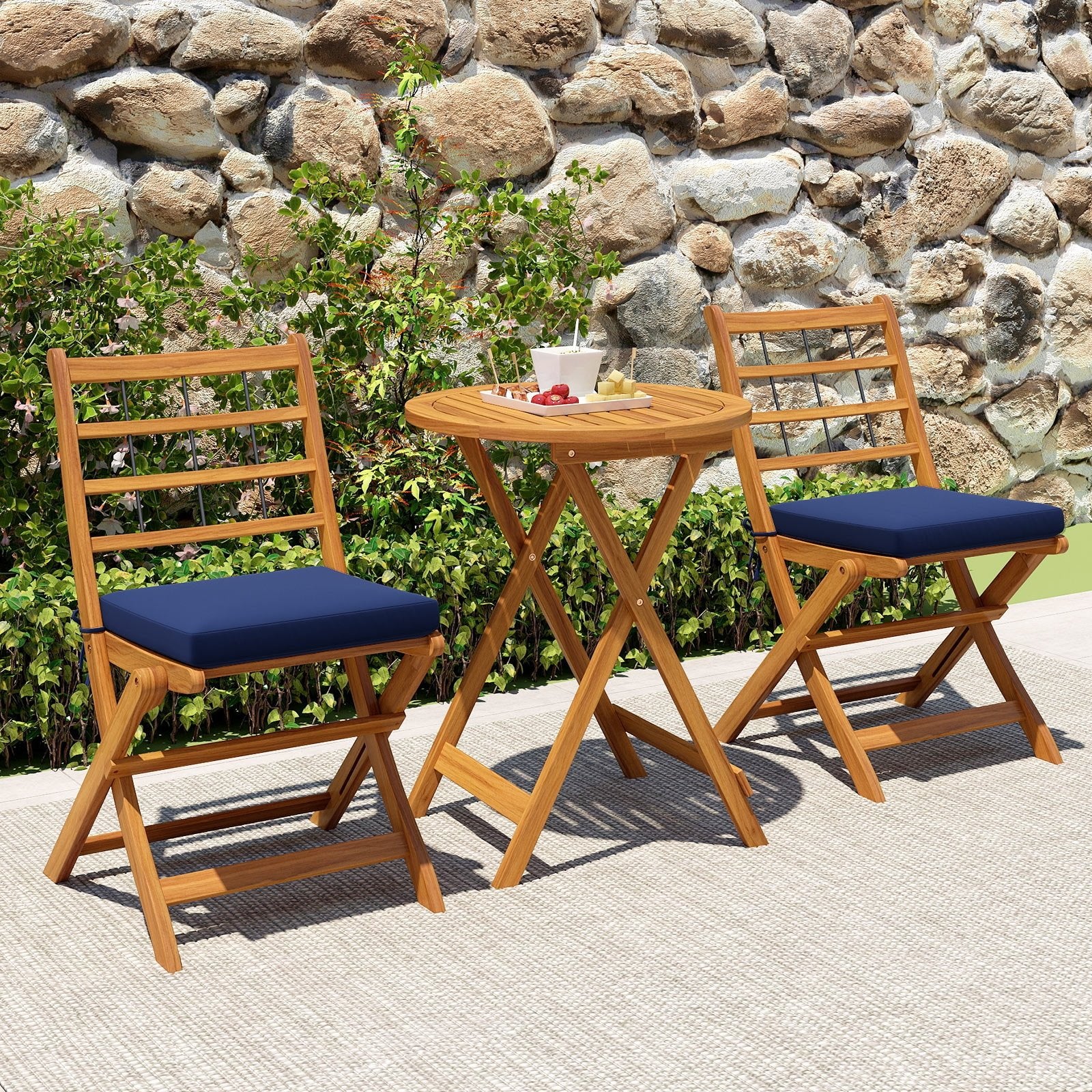 3 Pieces Acacia Wood Patio Bistro Set with Cushions, Navy Patio Conversation Sets   at Gallery Canada