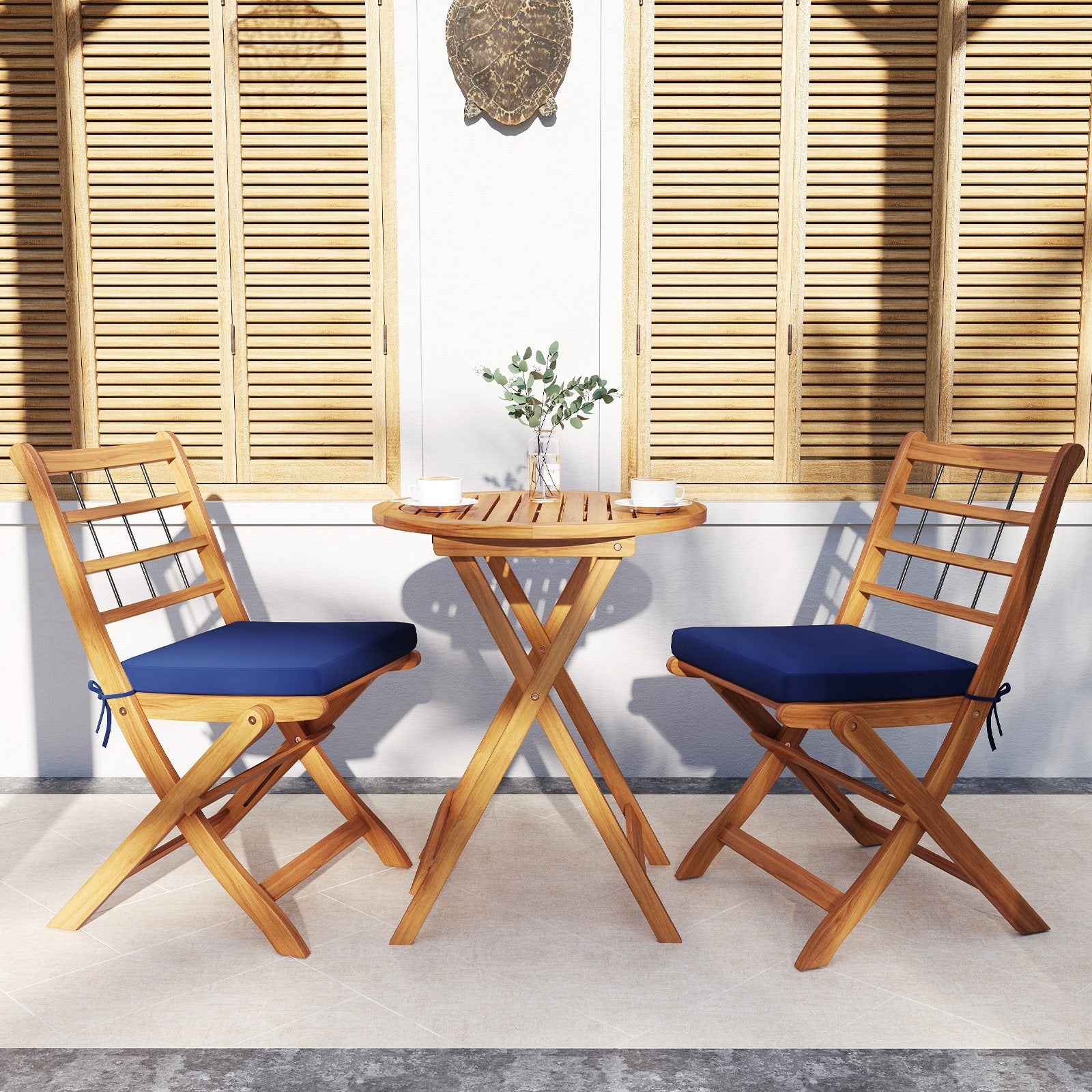 3 Pieces Acacia Wood Patio Bistro Set with Cushions, Navy Patio Conversation Sets   at Gallery Canada