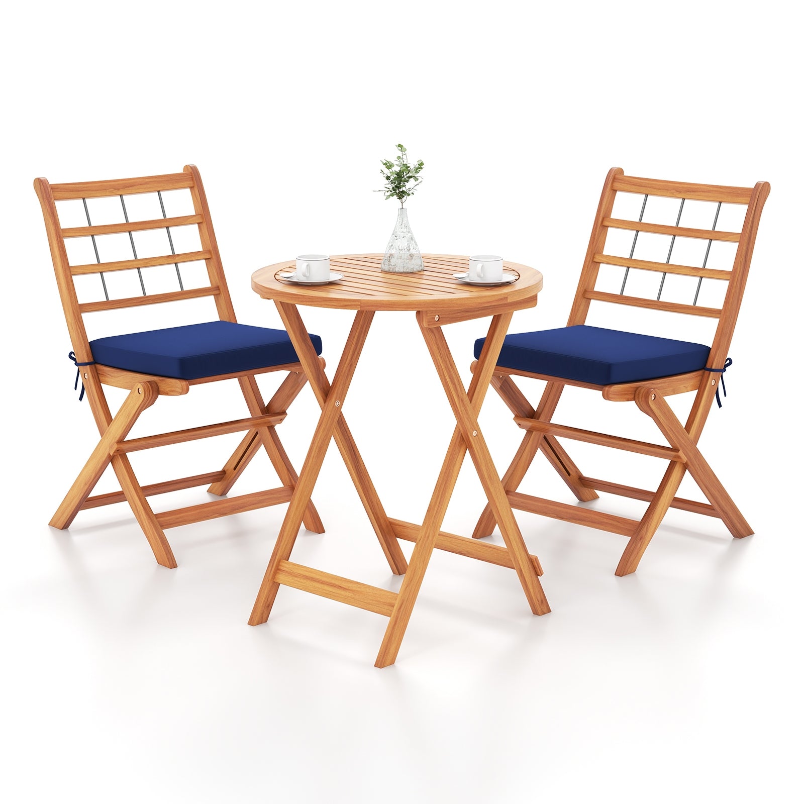 3 Pieces Acacia Wood Patio Bistro Set with Cushions, Navy Patio Conversation Sets   at Gallery Canada