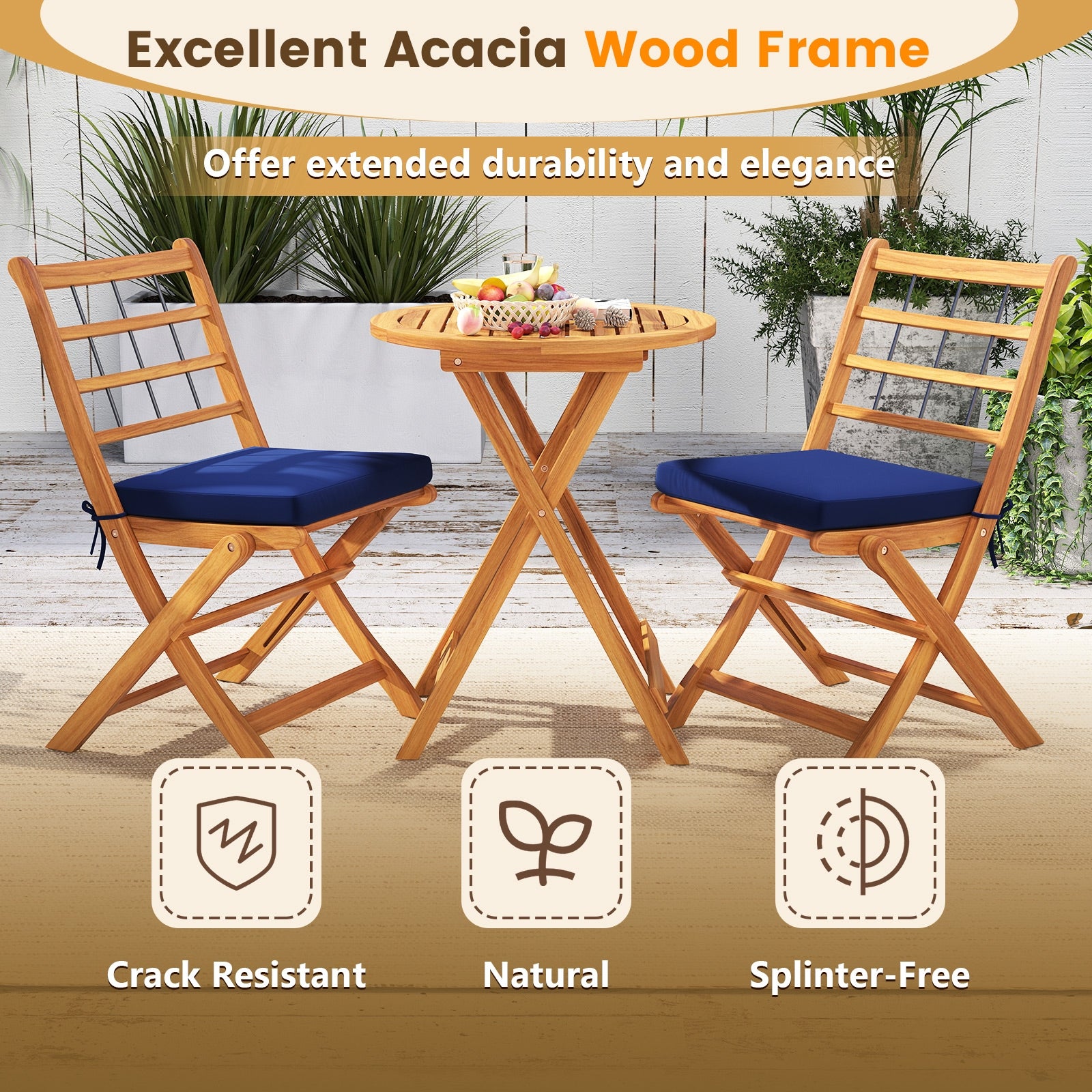 3 Pieces Acacia Wood Patio Bistro Set with Cushions, Navy Patio Conversation Sets   at Gallery Canada