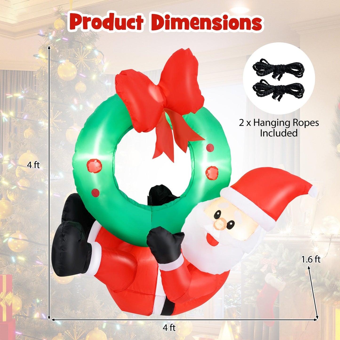 4 ft Inflatable Santa Claus Wreath with Red Bow and 5 LED Lights Christmas Decor & Accessories   at Gallery Canada