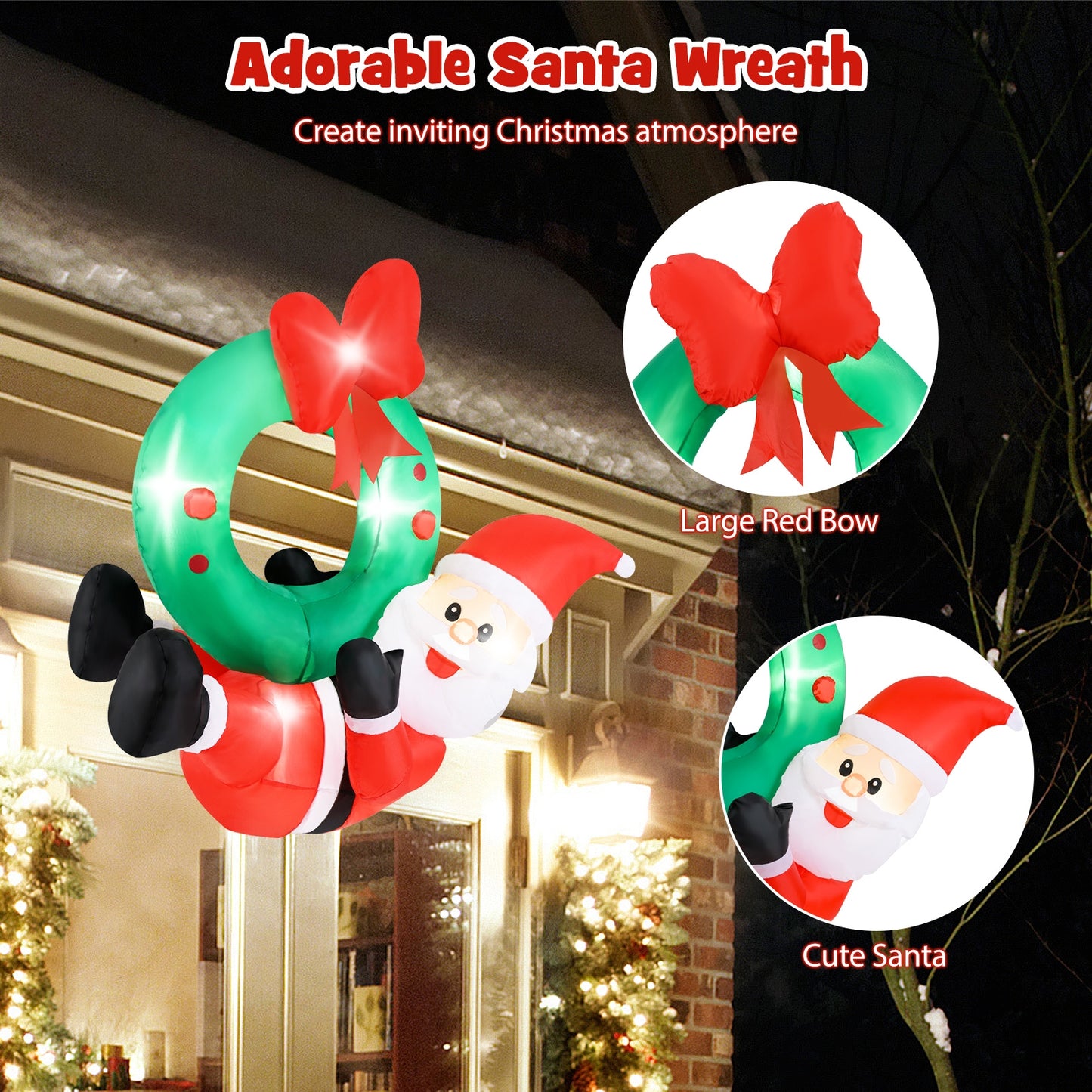 4 ft Inflatable Santa Claus Wreath with Red Bow and 5 LED Lights Christmas Decor & Accessories   at Gallery Canada