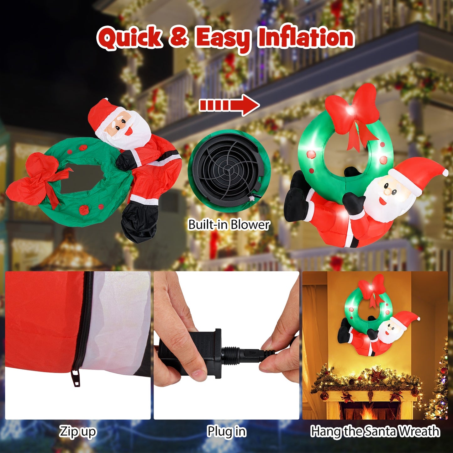 4 ft Inflatable Santa Claus Wreath with Red Bow and 5 LED Lights Christmas Decor & Accessories   at Gallery Canada